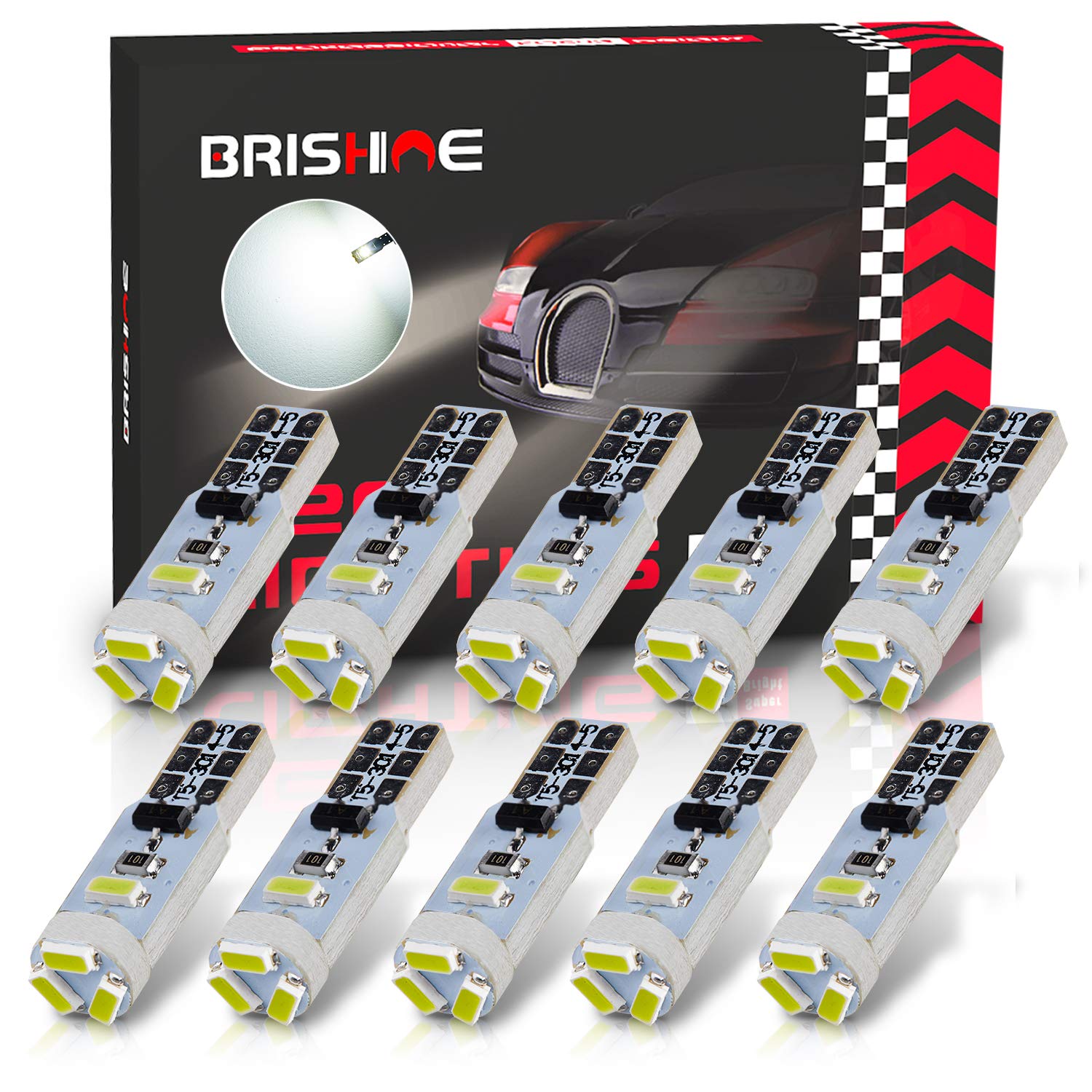 Brishine 10X T5 Led Bulbs Xenon White Canbus Error Free 3014 Chipsets Wedge 74 2721 37 Pc74 Led Bulbs For Car Interior Gauge Clu