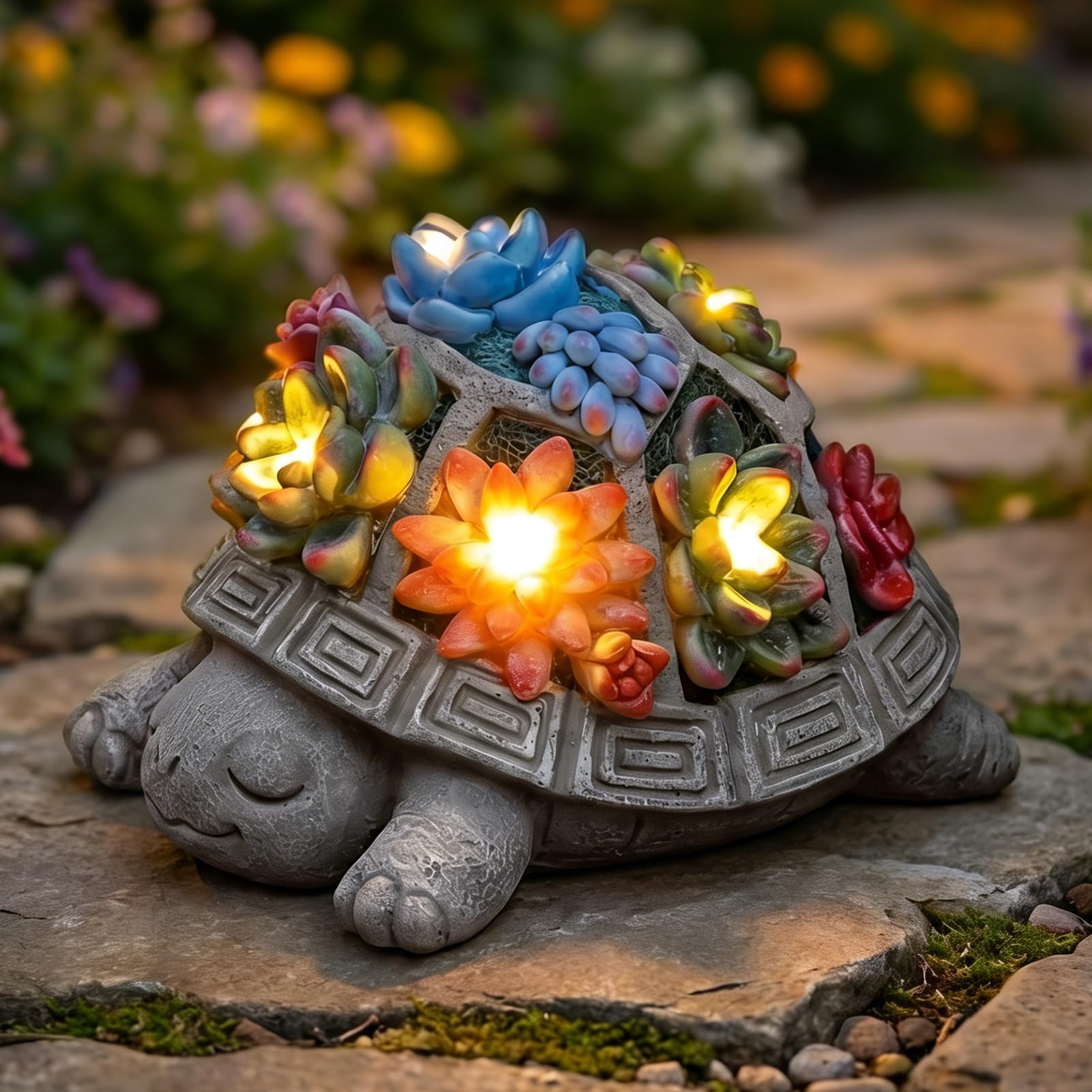 Snclriao Solar Turtle Garden Outdoor Decor with Succulent & 7 LED Lights - Outside Tortoise Statue Decor for Yard Patio Balcony 