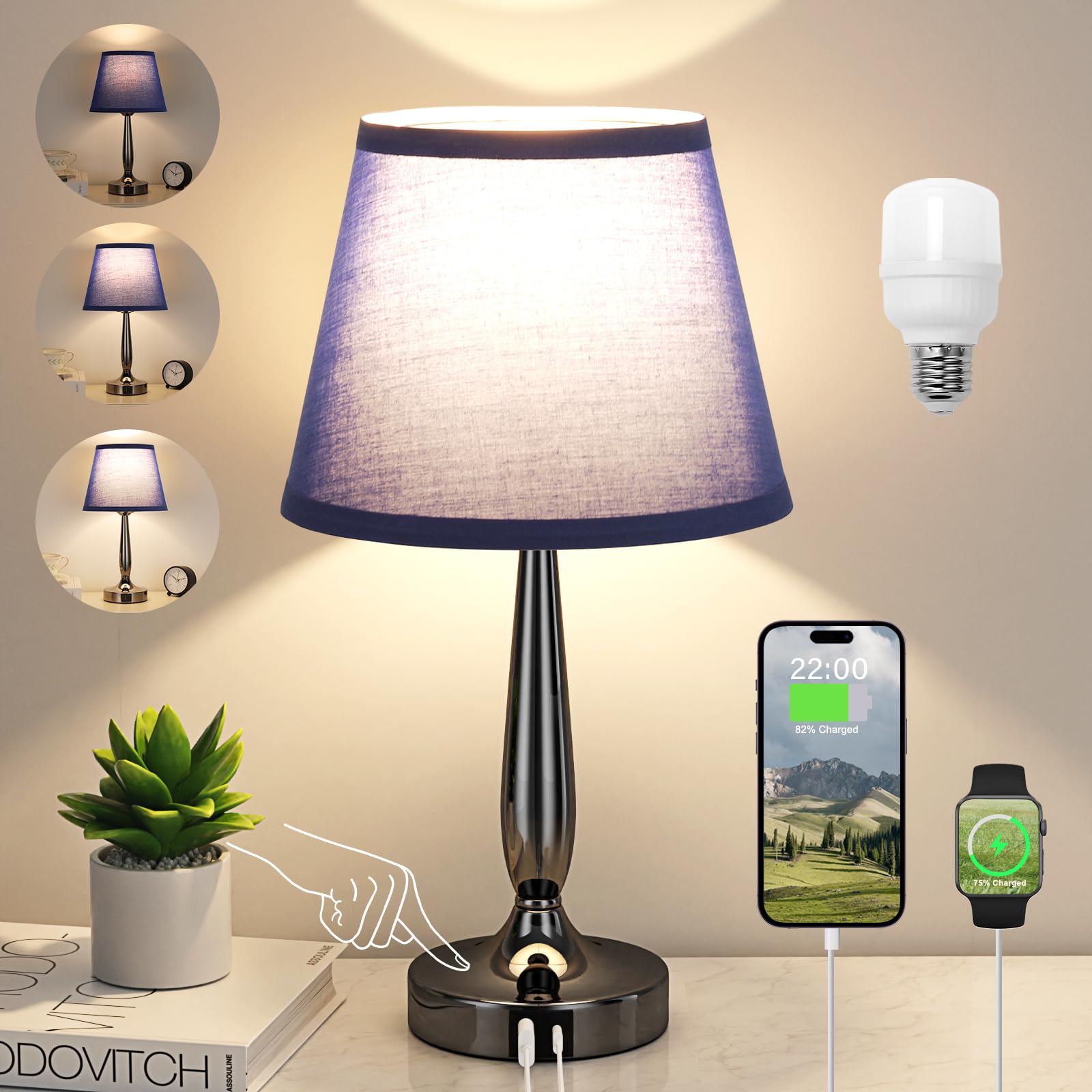 Kakanuo Touch Bedside Lamp for Bedroom with USB C Port, Small Touch Table Lamp with 2 USB Charging Ports, 3 Way Dimmable Nightst
