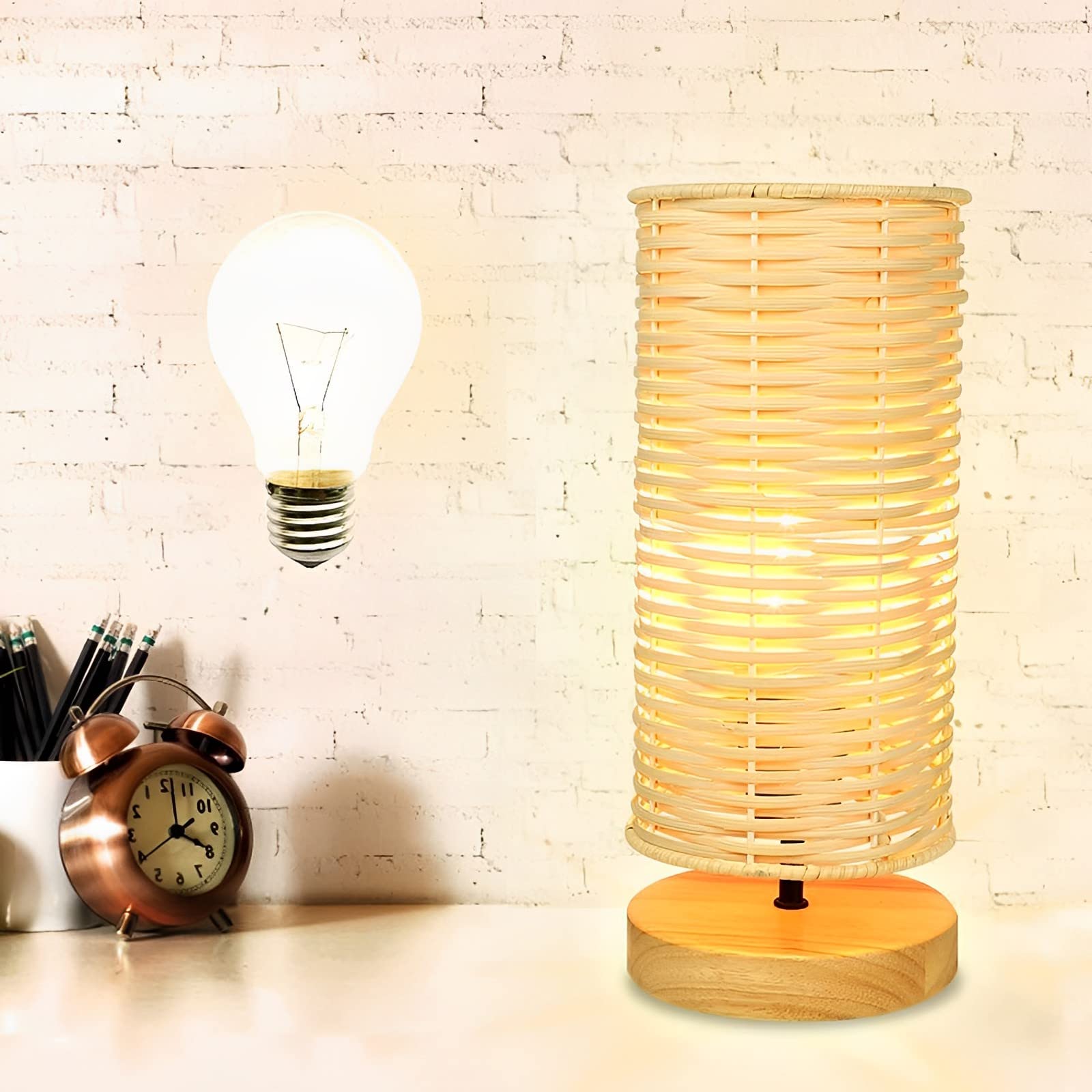 DINGLILIGHTING Bedside Table Lamp, LED Rubber Wood Nightstand Lamp, Round Rattan Shade, 11.81 in, Model WS-MNT19-60B, Wood