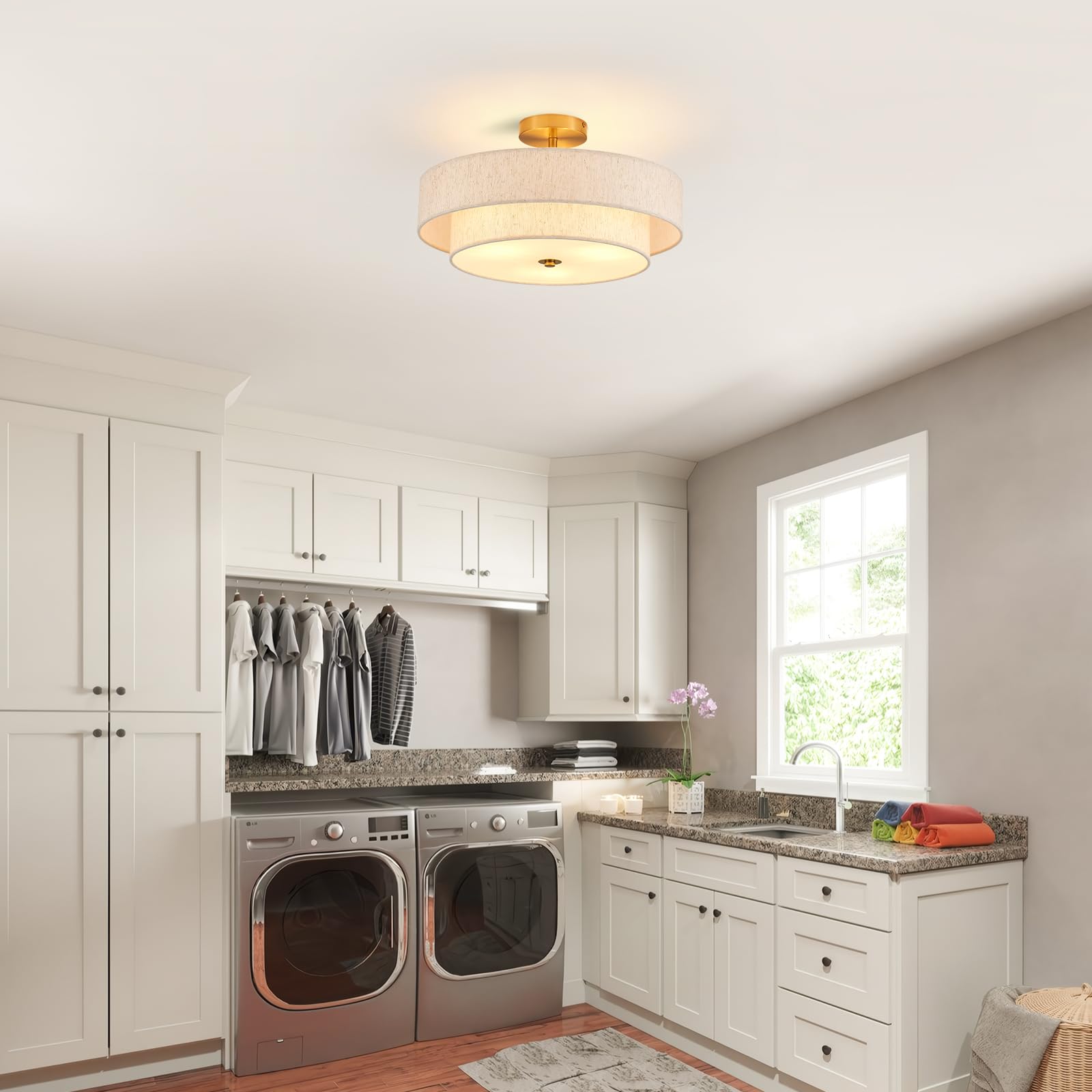 Widluth Modern Semi Flush Mount Ceiling Light 18" Modern Gold 3-Lights Drum Ceiling Lighting Fixture Vintage Linen Golden Ceiling Lamp For Laundry Room, Kitchen, Basement, Dining Room, Bedroom