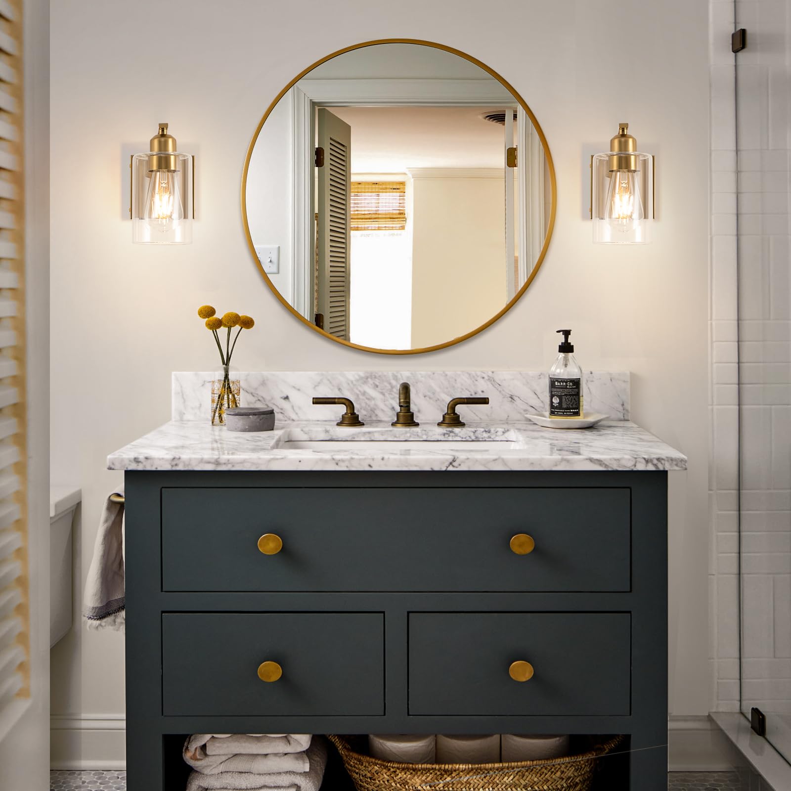 BELS Wall Sconces Set of 2, 8 Inch Gold Battery Operated, Dimmable with Remote, Clear Glass, Model VL-1195WT-GD-2P