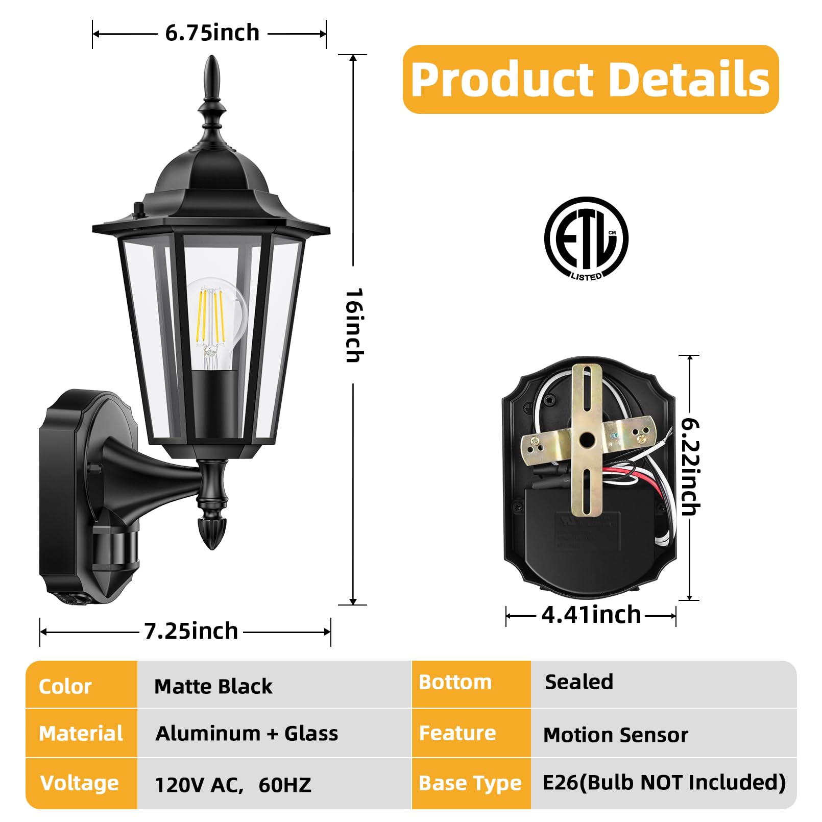 Lamomo Motion Sensor Outdoor Lights, 2 Pack, Waterproof Aluminum, Dusk to Dawn, Black, Wall Mounted for Patio, Front Door, Garage