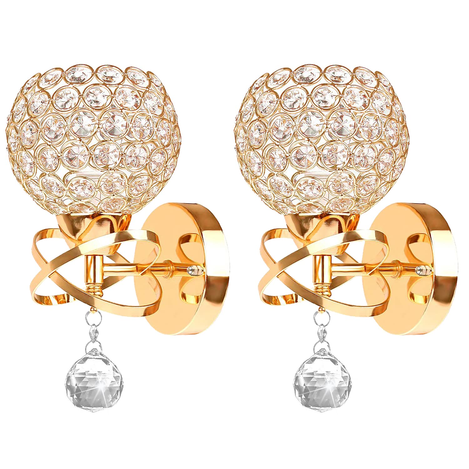 TISLYCO Gold Wall Sconces Set of Two, Modern Crystal Lighting, E26 Socket, Hardwired, Metal, Model HU-XI-201
