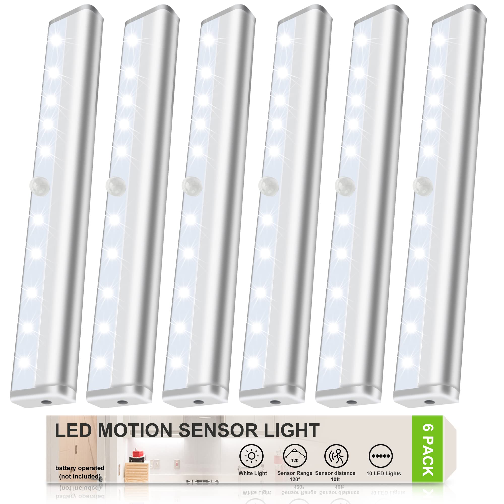 Molrebe Motion Sensor Led Lights, Battery Operated 10 Led Motion Closet Light, Stick-On Anywhere Magnetic Night Light Bar For Closet Under Cabinet Kitchen Hallway Stairway Vanity Wardrobe-Pack Of 6