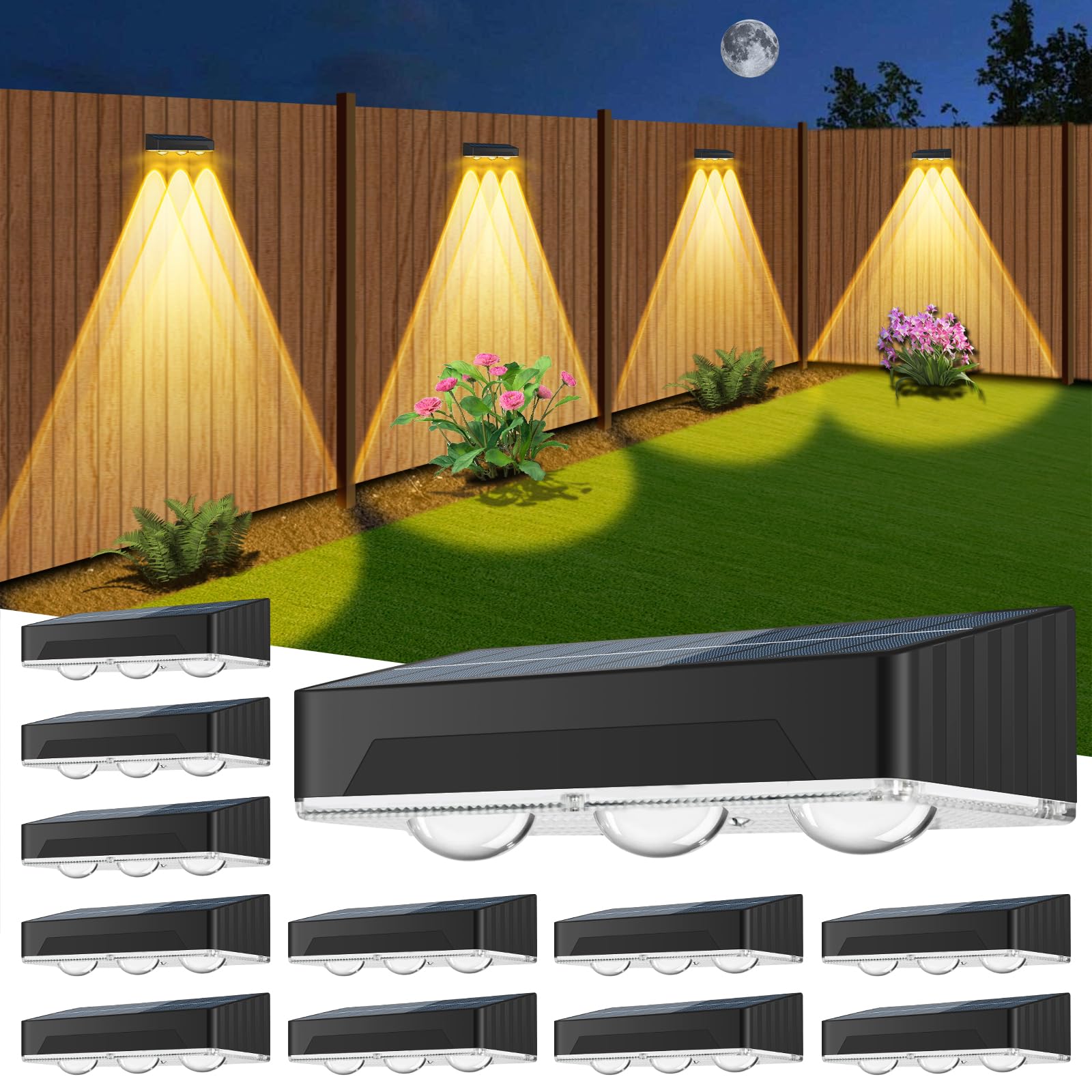 Solar Fence Lights Outdoor 12 Pack Upgraded High Brightness 3 Led Spot Lens Waterproof Deck Lights 7 Mode Warm&Cool White Rgb Solar Powered Wall Lighting Decor For Outside Patio Step Backyard Railing