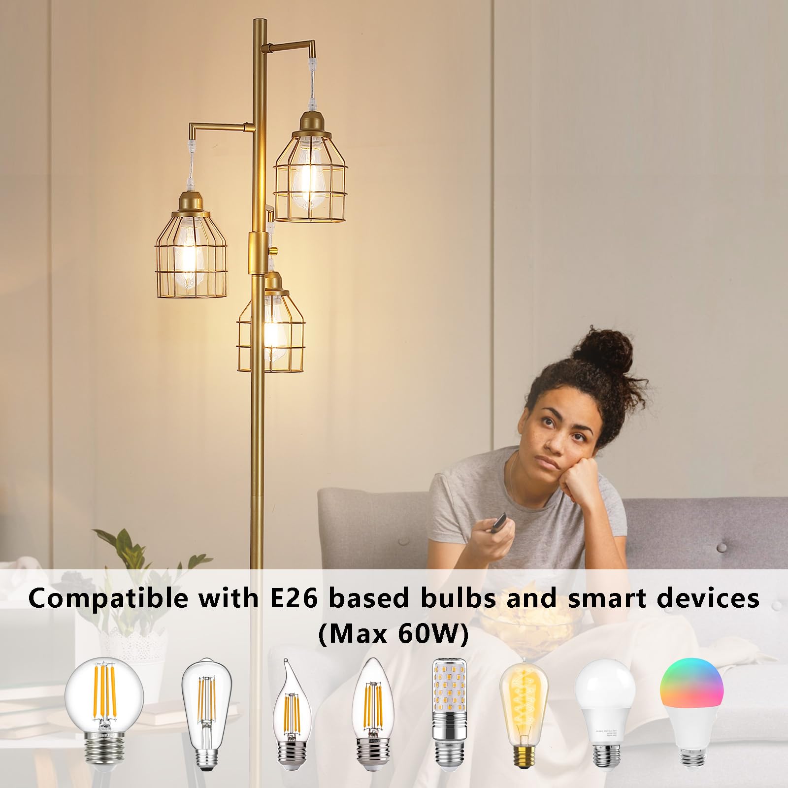 9Mmml Golden Dimmable Floor Lamp,Industrial Gold Farmhouse Tall Standing Lamp For Living Room, Bedroom Office,3 Teardrop Cage La