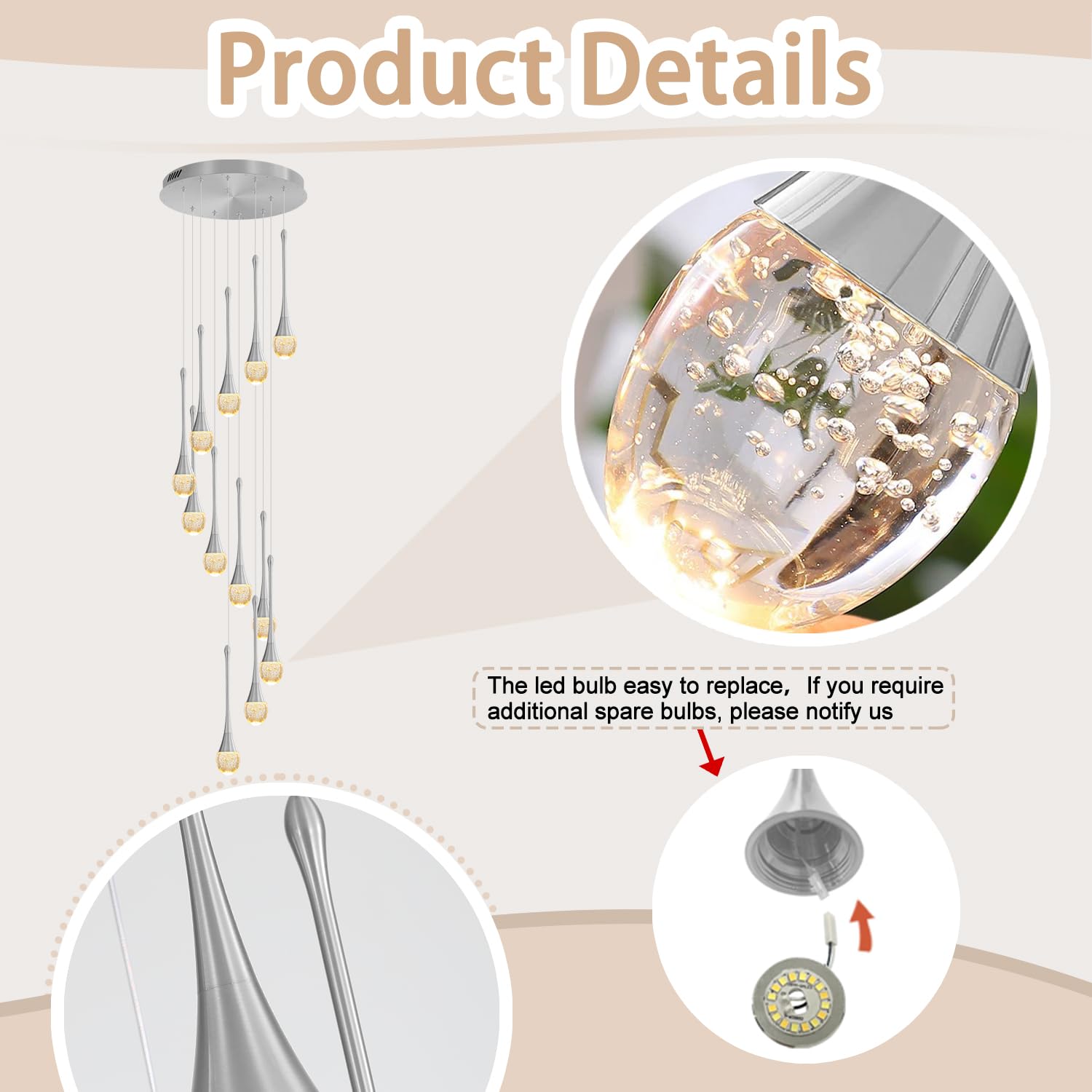 ykolupty Crystal Raindrop Chandelier, 12 Lights, Silver, Model TP0038-12Y, LED Dimmable Lighting for High Ceilings