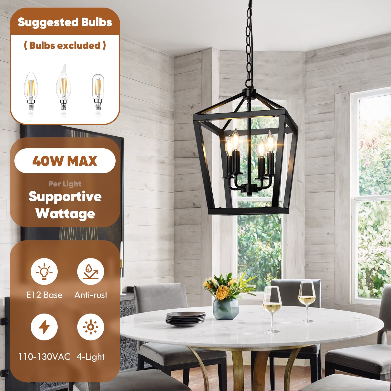 BrightHome 4-Light Farmhouse Chandelier, Black Metal Pendant Light Fixture, Adjustable Height, Model D3560-04-BK