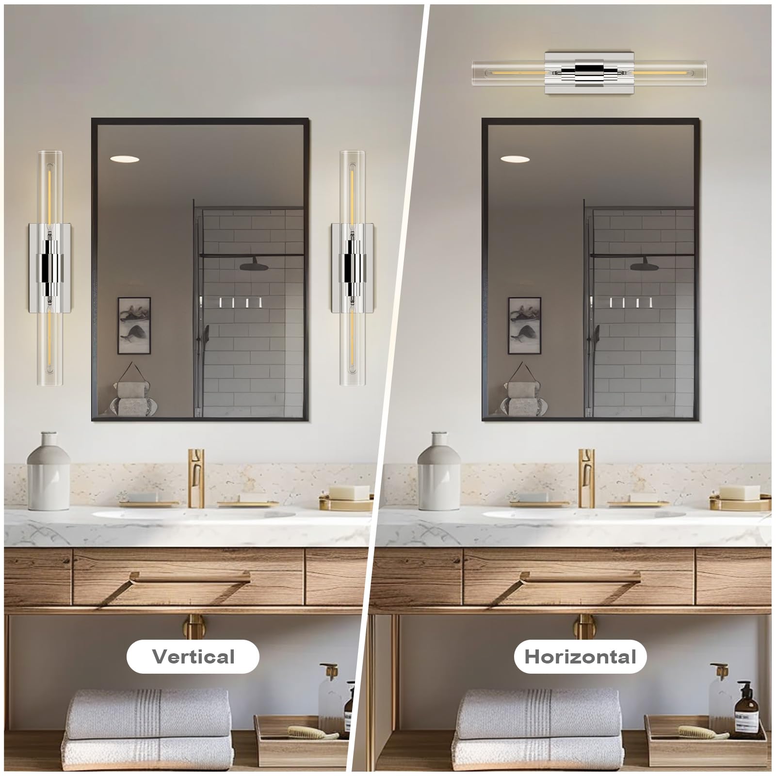 YUEXPAND Nickel Wall Sconces Set of Two, Brass 22.8" Lighting with Clear Glass Shade for Bathroom, Living Room, Bedroom, Hallway