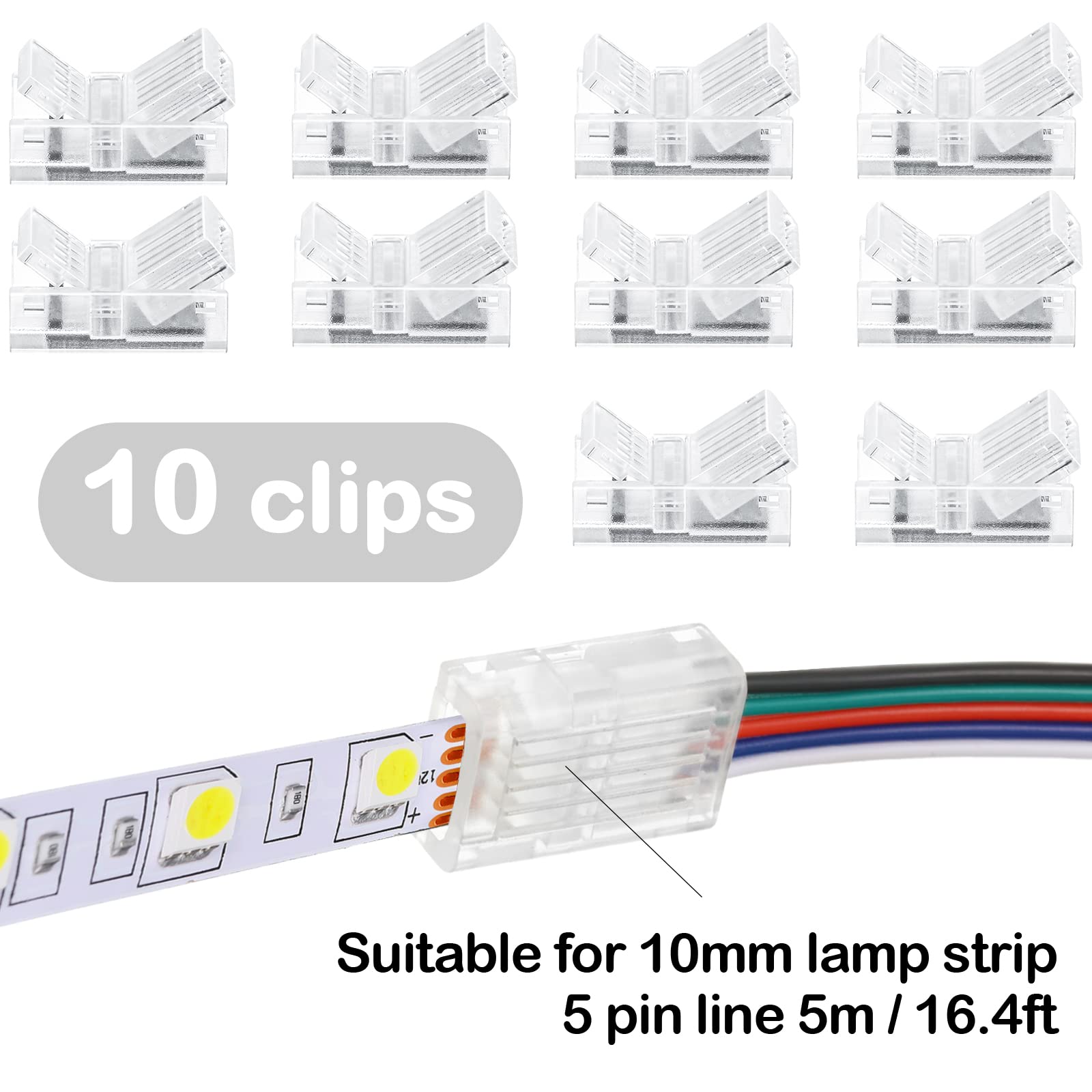 10 Packs Solderless Led Strip Connector, Transparent Track Lighting Connectors, Wire Strip Lights, 16.4 Feet Led Strip For Led Pin Connector (Simple Style,5 Pin, 10 Mm)