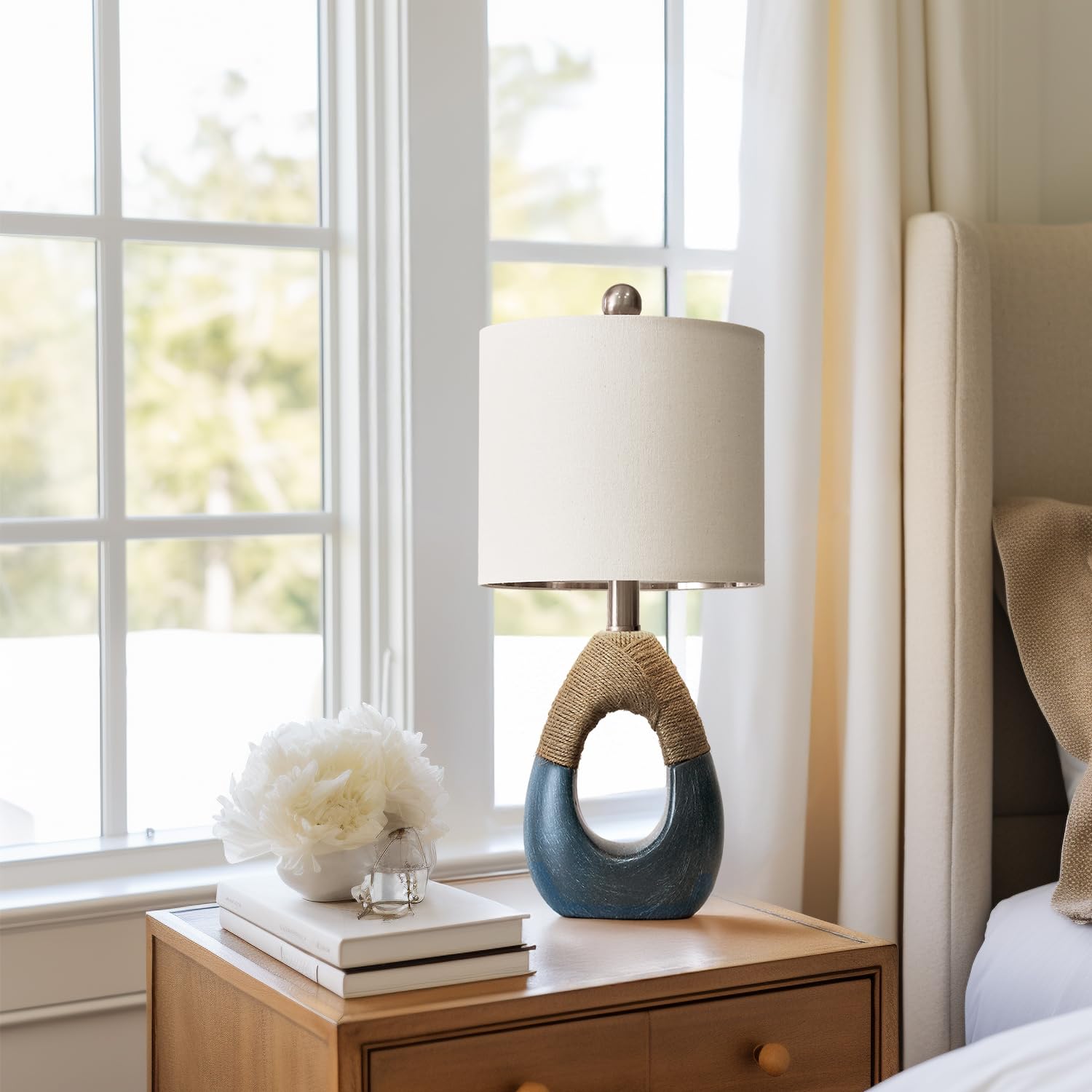 OYEARS 19" Boho Bedside Lamps Set of 2 - Blue Table Lamps for Small Spaces, Coastal Farmhouse Decor - Model AMZ-T1085BL