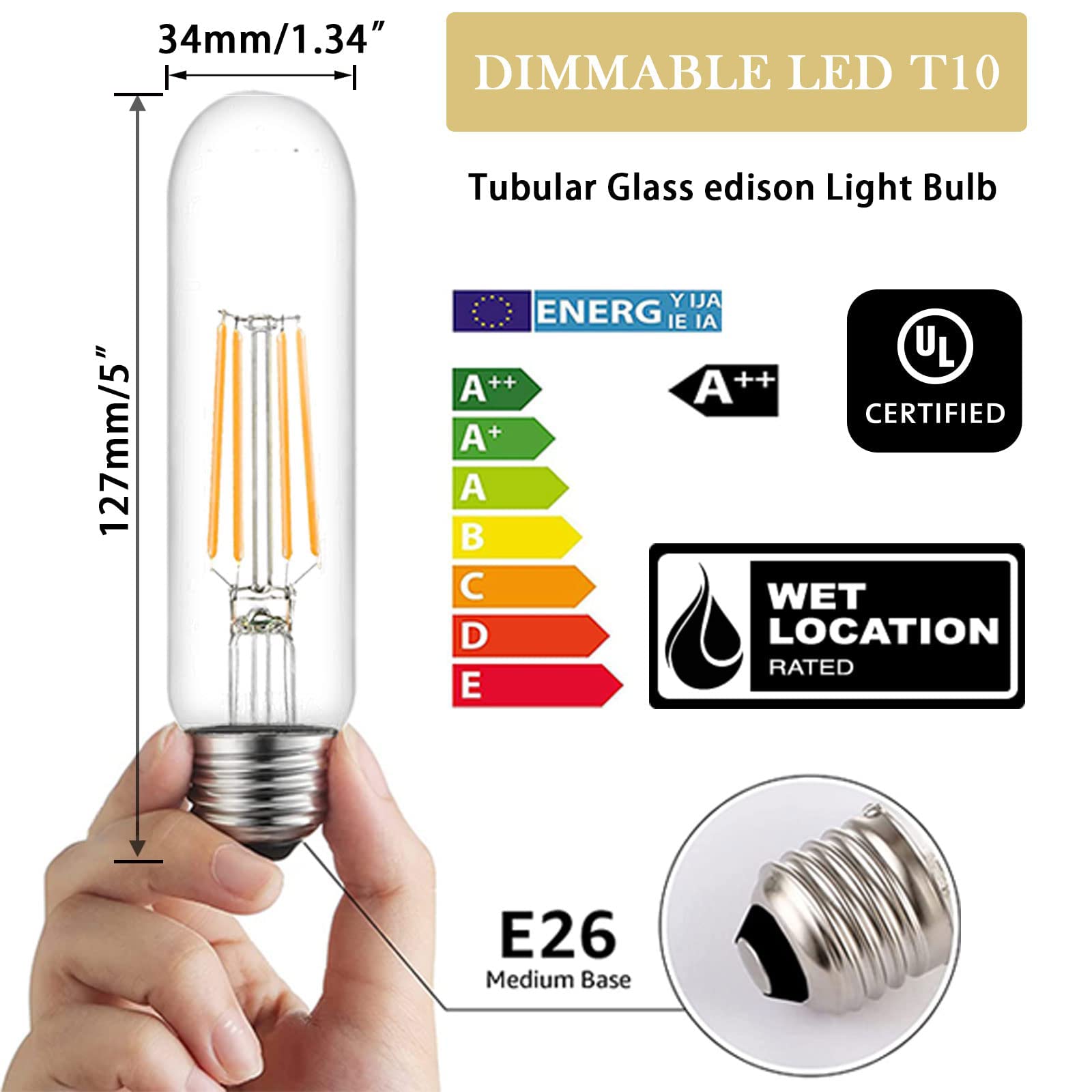Novelux 5 Inch 2200K Edison Bulbs Amber Dimmable,Vintage Style Decorative Antique Light Bulb,T10 Long Tubular Light Bulbs,T9 6W