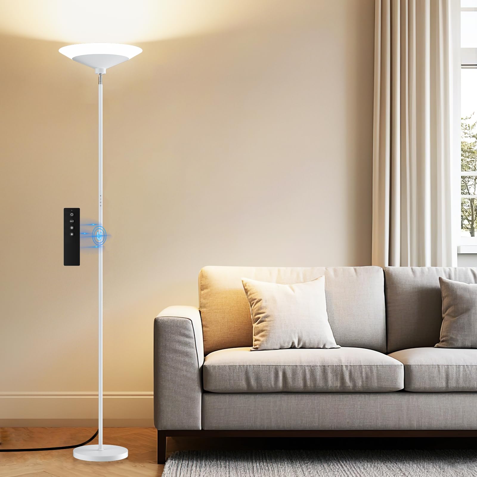 SIBRILLE White Torchiere Floor Lamp - 30W Dimmable LED Standing Lamp with Remote/Button Control, 1800Lm, 3000-6500K, 72in Bright