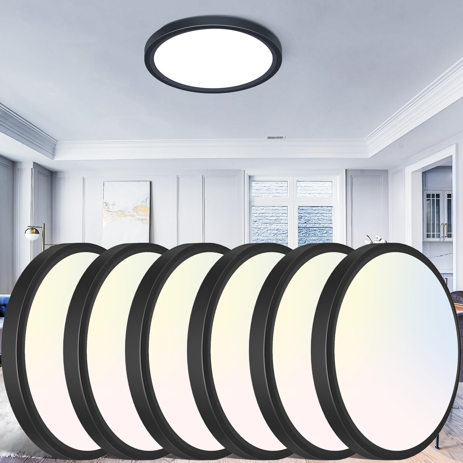 libtit 12 inch Flush Mount LED Ceiling Light Fixture, 3000K 4000K 6500K Adjustable, 28W 3200lm Black Round Lighting Fixtures for