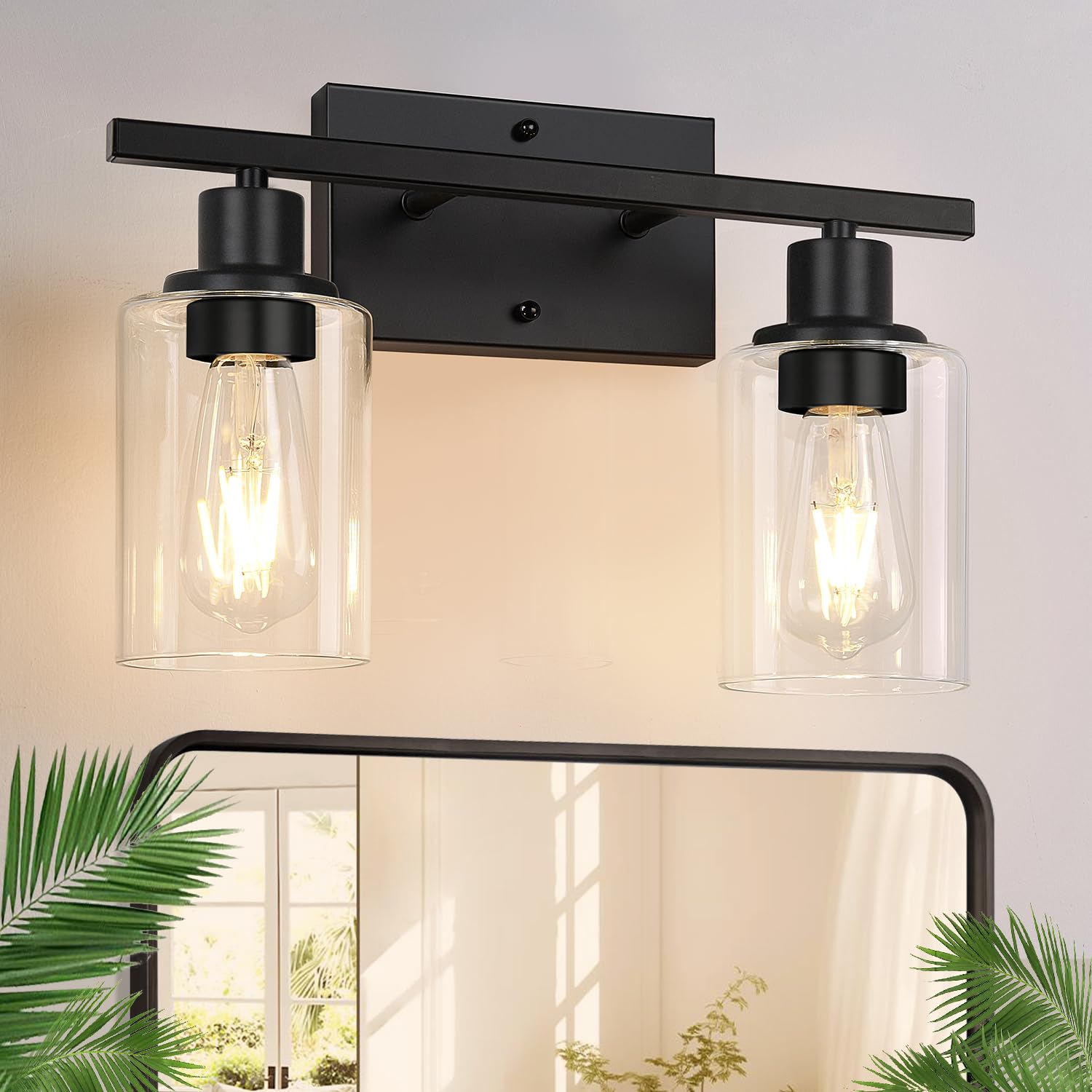 Indoi Matte Black 2-Light Bathroom Vanity Light with Clear Glass Shades - Modern Bathroom Light Fixtures & Vanity Lights for Mirror