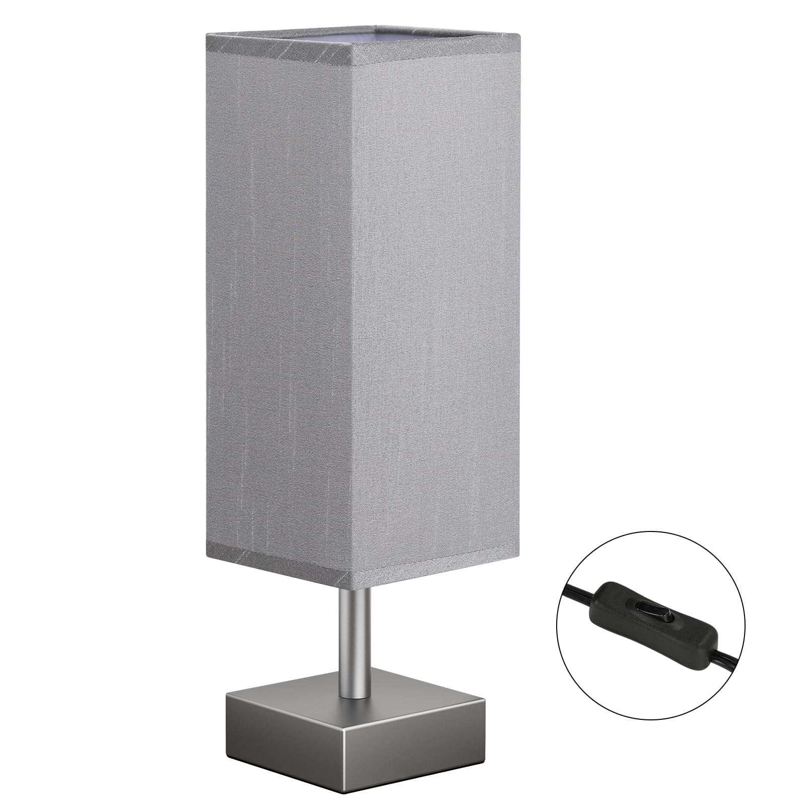 Aooshine Grey Table Lamp - Bedside Lamp For Bedroom, Minimalist Nightstand Lamp With Square Fabric Shade, Desk Lamp For Kids Roo