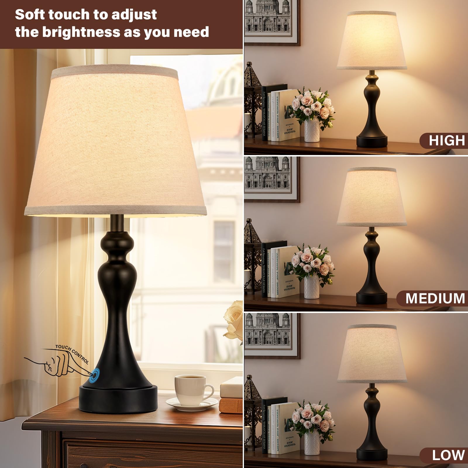 Seealle Touch Lamps Set of 2 - 3 Way Dimmable, USB C+A, Light Oat Shade & Black Base, LED Bulbs Included, Model 07021