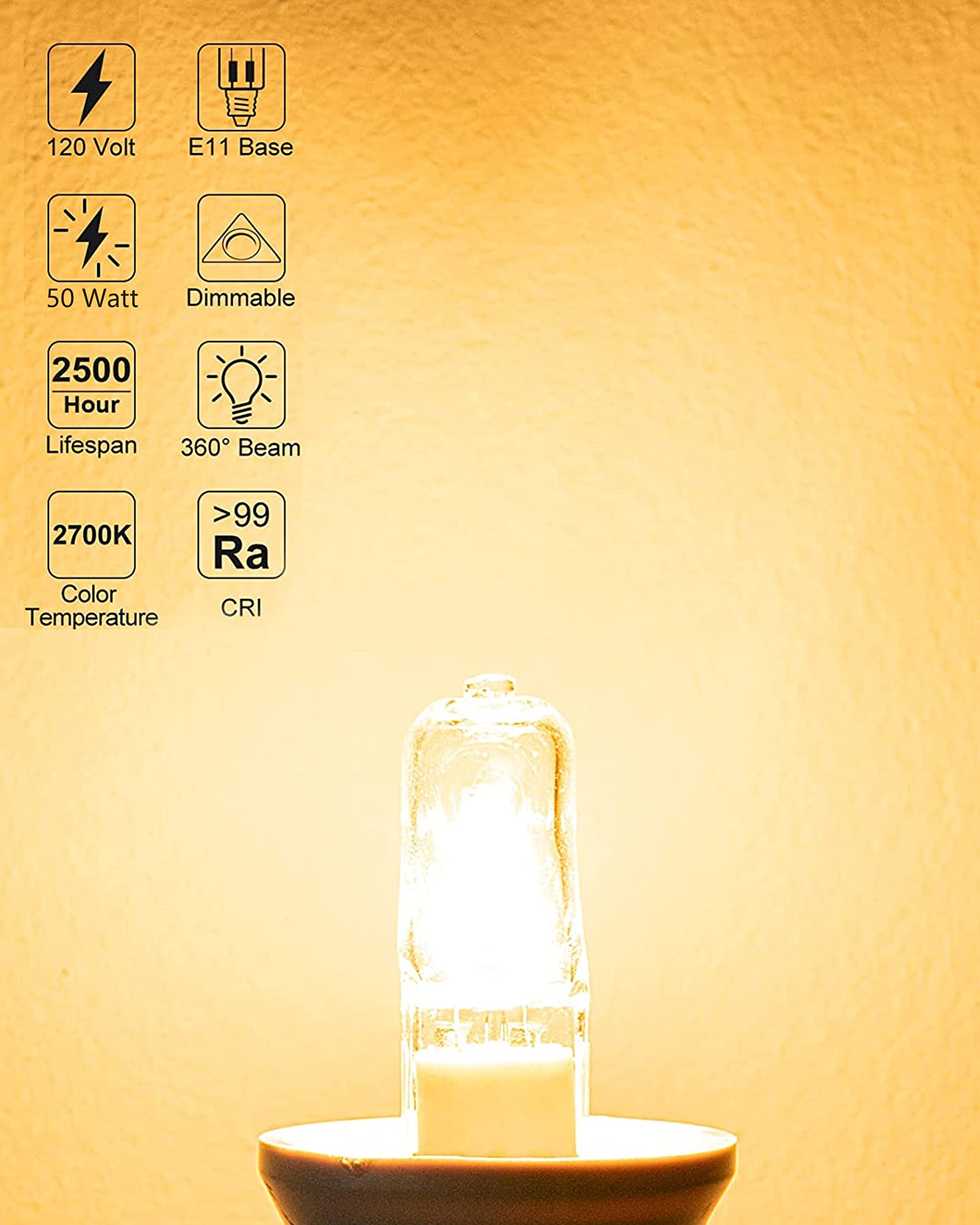 Jaenmsa 4 Pack JDE11 120V 50W Halogen Candelabra Bulbs, Dimmable 2700K Warm White, T4 Mini Base, Ideal for Chand