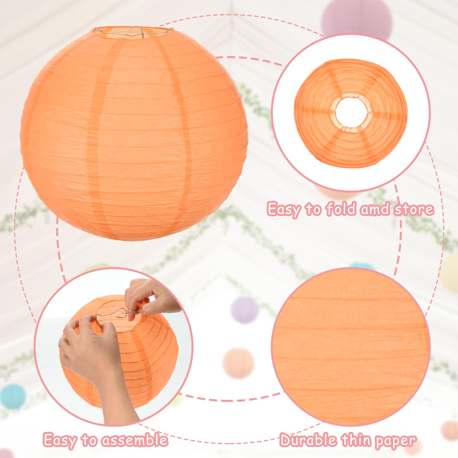 Meccanixity 6Pcs Paper Lanterns Decorative, 6'' 8'' 12'' Orange Round Hanging Lantern Chinese Lanterns For Home Decor, Birthday,