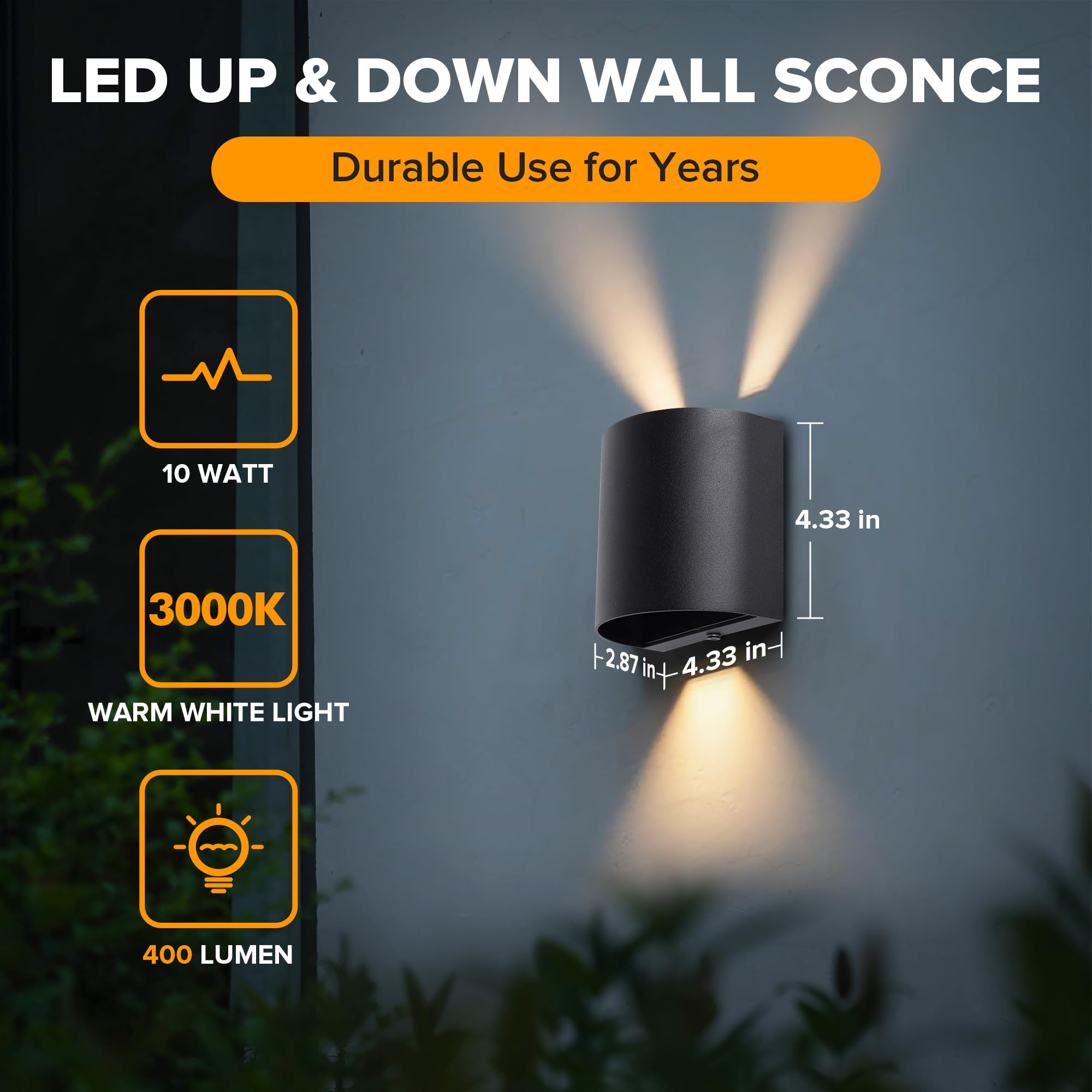 LUTEC 2-Pack LED Wall Lights, 10W, 400LM, 3000K Warm White, IP65 Waterproof, Aluminum, Black, Model 5104012012-2