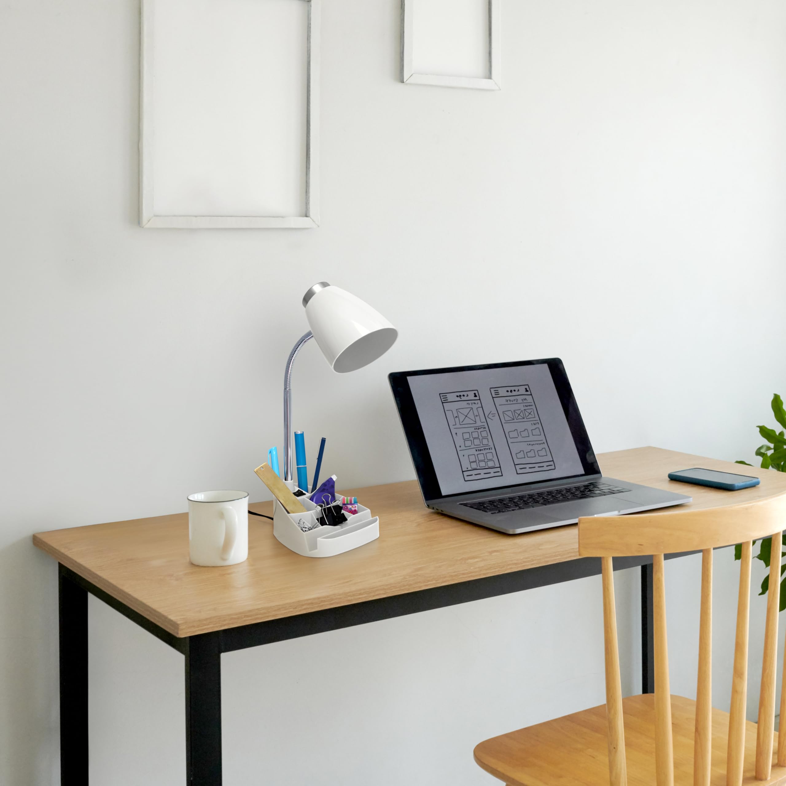 Simple Designs Ld1067-Wht Compartmental Desk Lamp With Iphone/Ipad/Tablet Stand, Bendable Gooseneck, For Office, Living Room, Ni