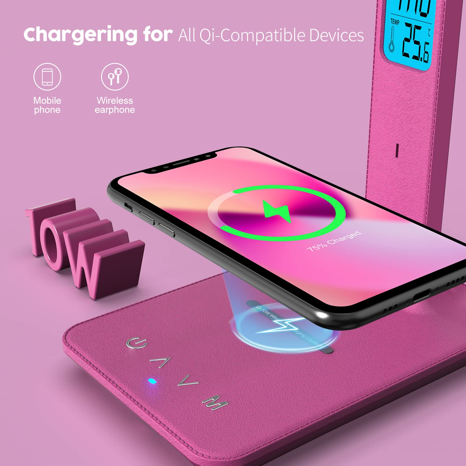 Poukaran LED Desk Lamp with Wireless Charger, USB Port, Clock & Alarm - Pink