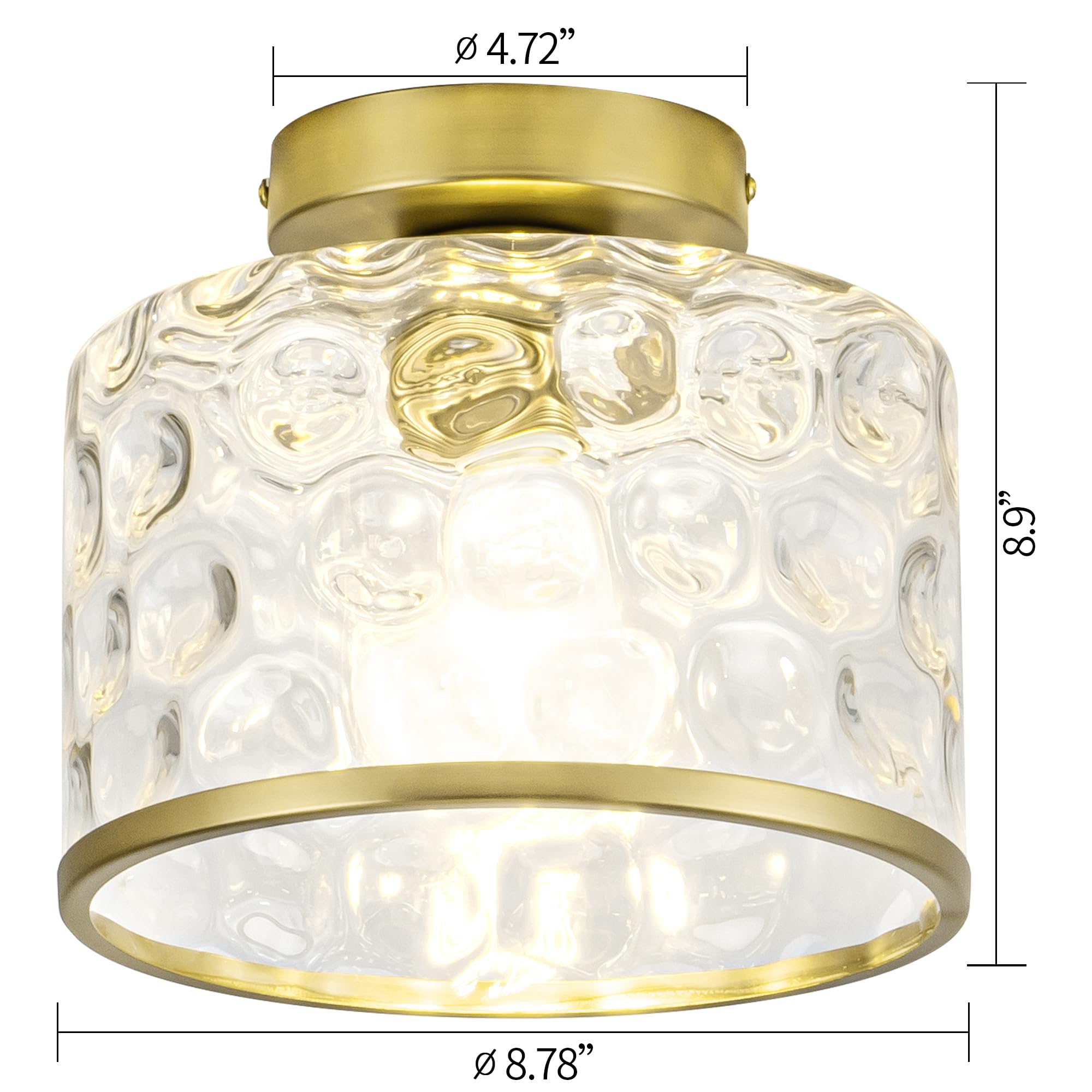 Zlepmlla Gold Flush Mount Ceiling Light with Clear Hammered Glass Shade, Satin Brass Finish, Model 9109-1X-GD, Bulb Not Included