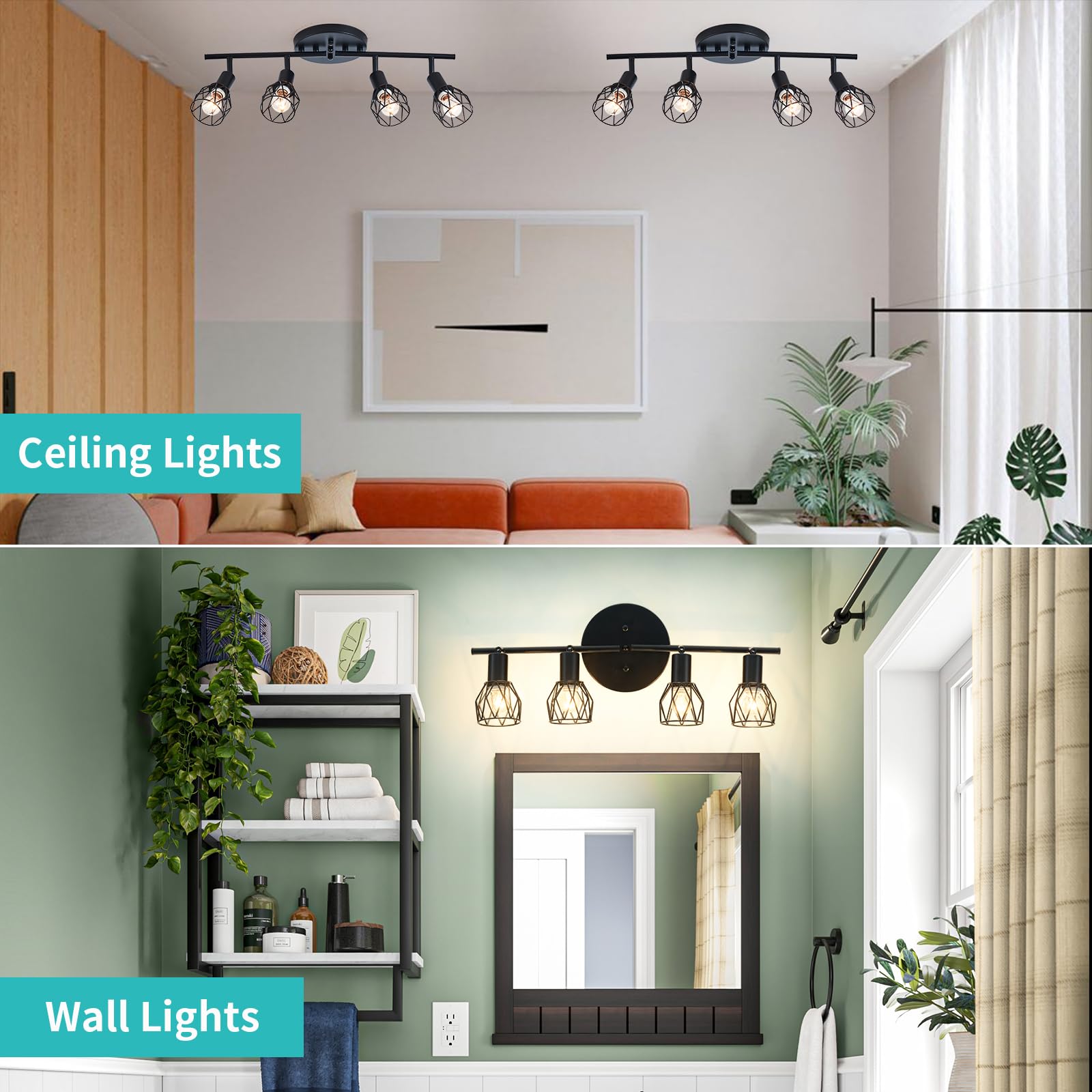 Track Lighting Kit  4-Light Adjustable Multi-Directional Ceiling Light Fixtures  Vintage Black Metal Wire Cage Farmhouse Light Fixtures Ceiling Mount For Kitchen Dining Table Hallway Bathroom Bedroom