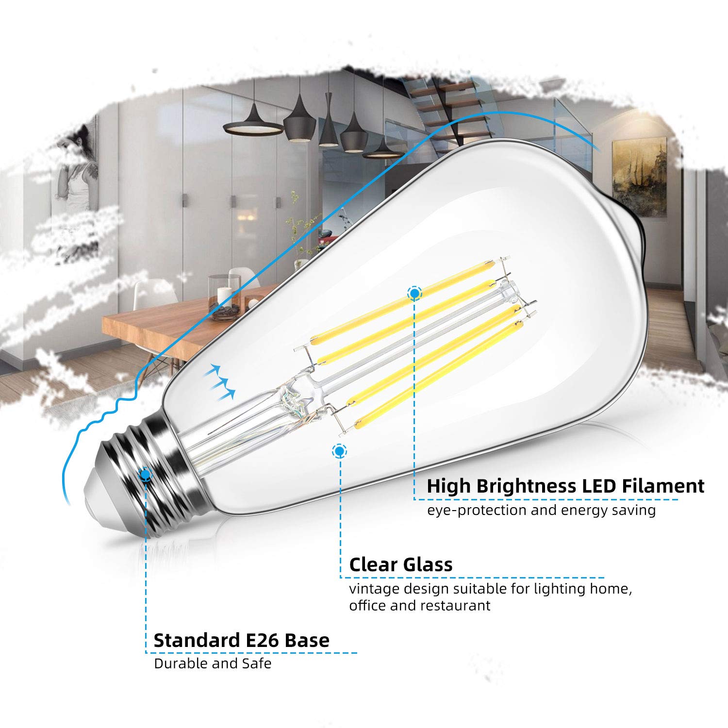 Brightever 4-Pack LED Edison Light Bulbs, 8W, 100W Equivalent, 1400 Lumens, 5000K Daylight White, E26 Base, Antique