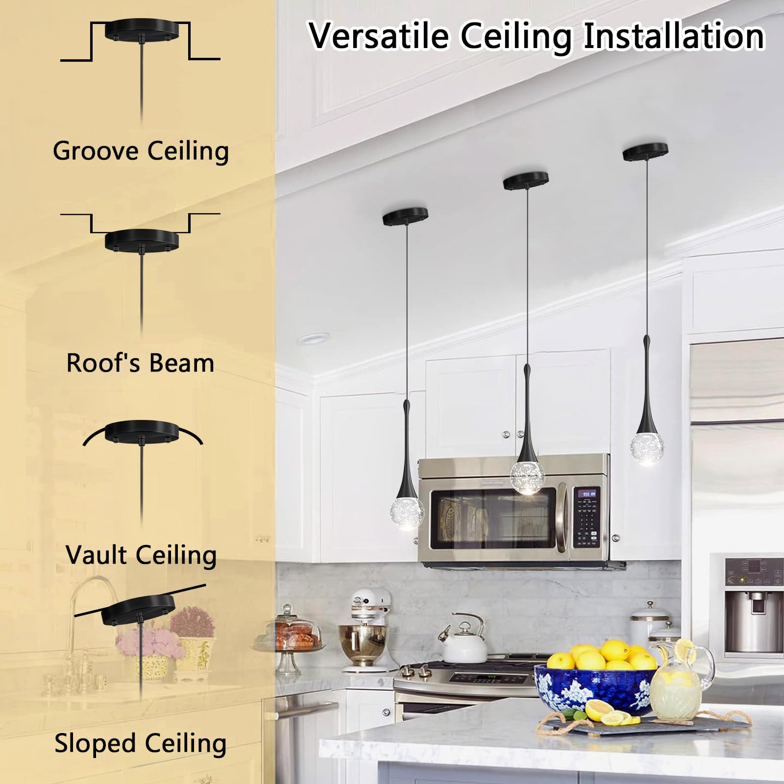cenozo Modern Pendant Light - LED Dimmable Crystal Ceiling Lamp, 1 Light Round, Black, Model RS2037-1H for Kitchen, Dining, Bedroom