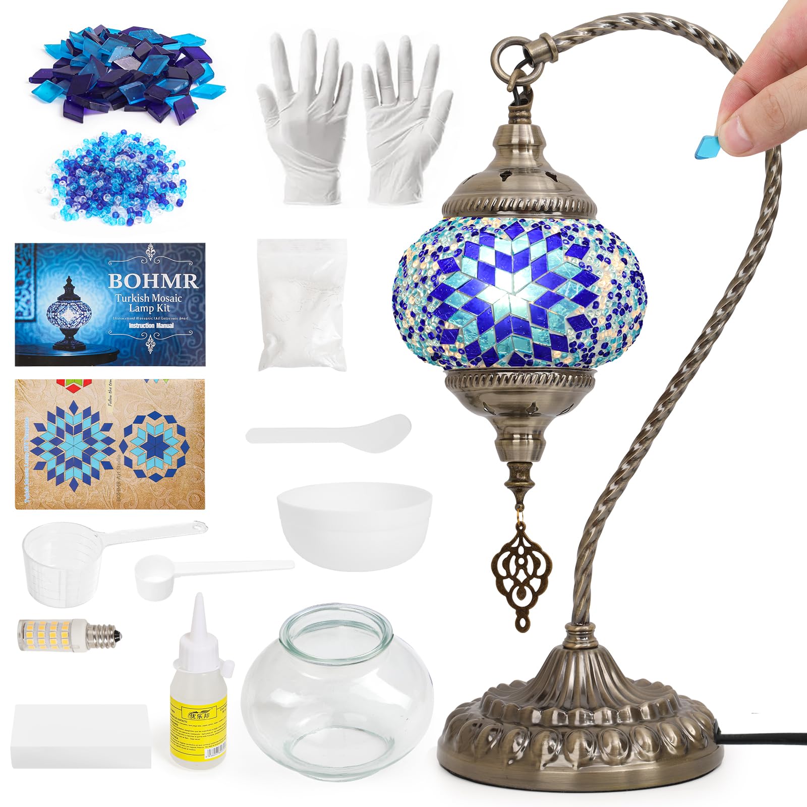 Bohmr Diy Turkish Mosaic Lamp Kit  Swan-Neck Stained Glass Lamp Making Kit- Easy Fun No Experience Needed  Mosaic Art & Craft Project Kits For mature-themeds & Teens  Make Your Own Table Lamp Blue