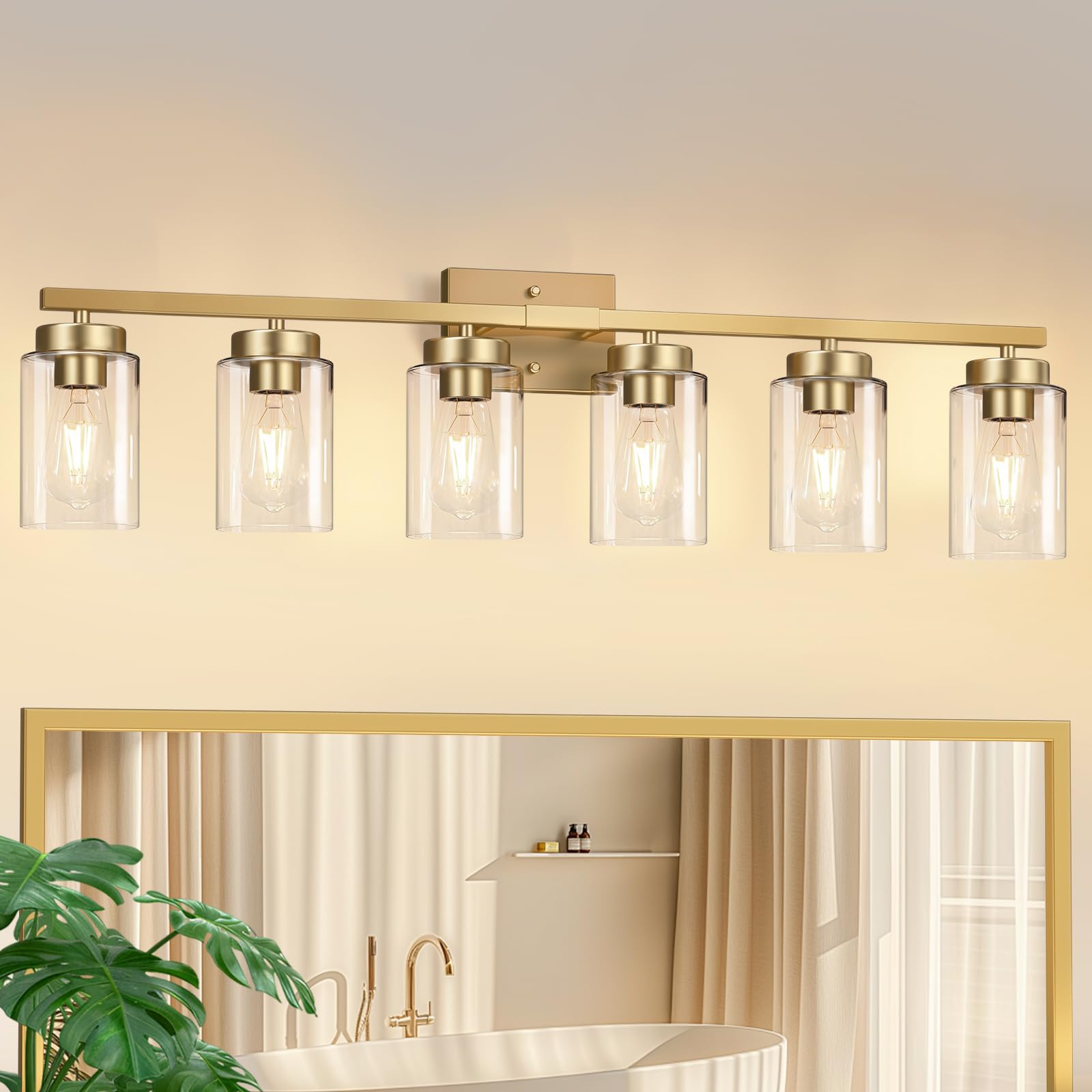 IZORRO Modern Bathroom Light Fixtures, 6 Light Gold Vanity Lights, Bathroom Lightig Fixtures Over Mirror with Clear Glass for Li