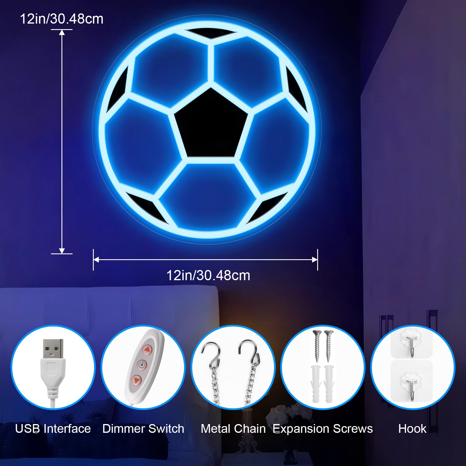 Adorely LED Soccer Neon Sign, Dimmable Wall Decor, 12x12 inches, Acrylic, Color: Soccer