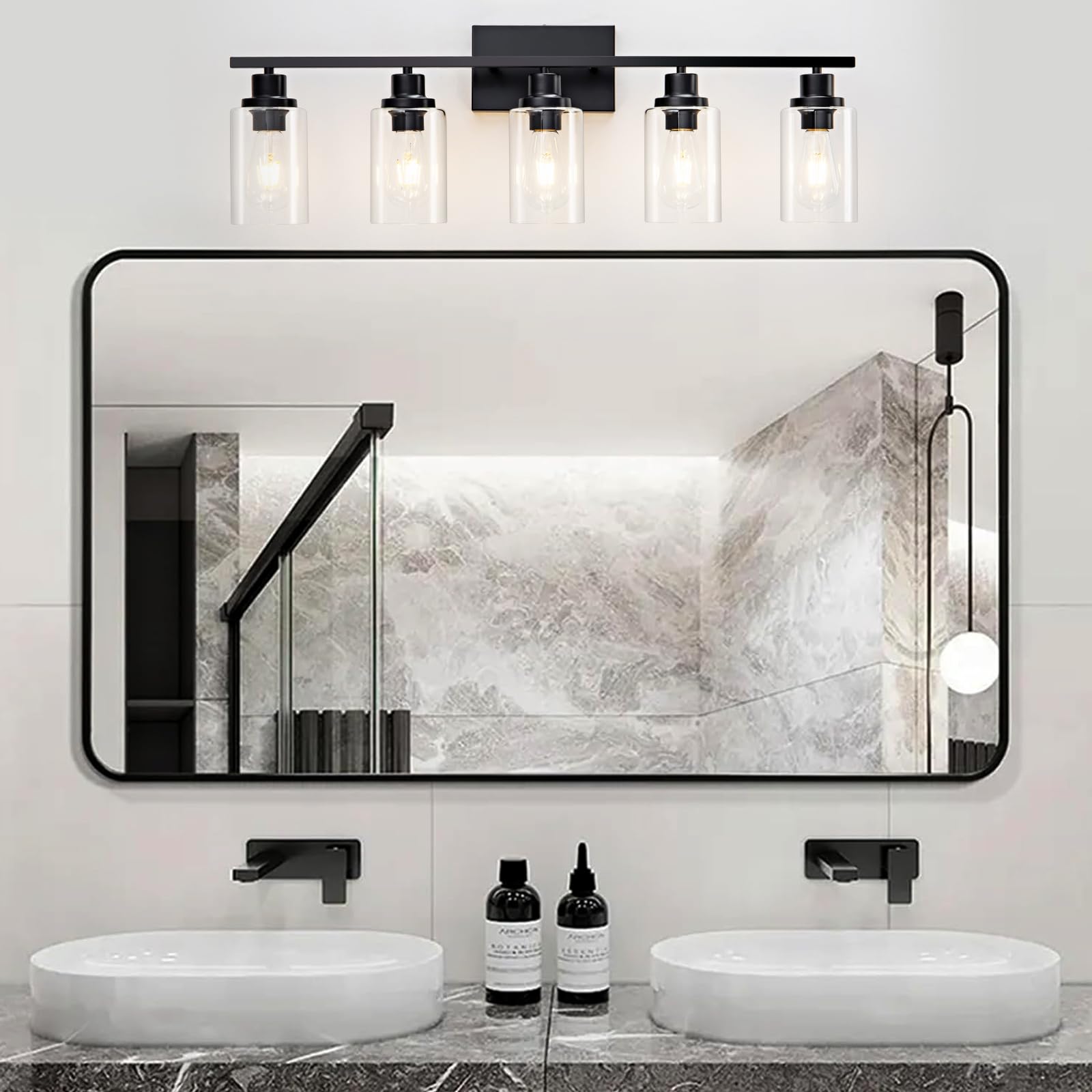 HCCZ 5 Light Bathroom Light Fixtures Black Metal Vanity Light Over Mirror E26 Socket with Glass Shade Model 800-100-1083