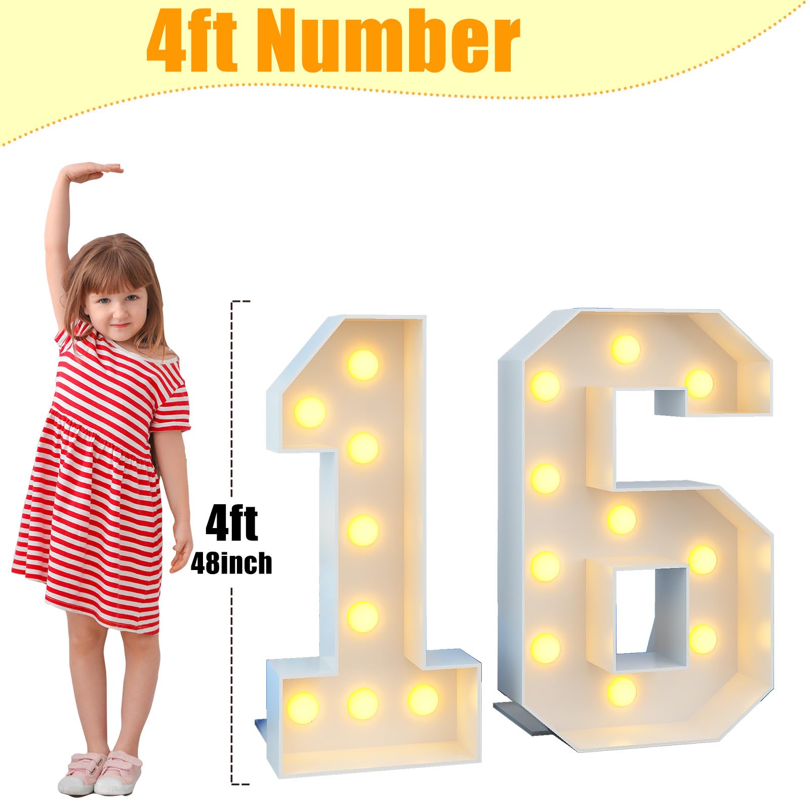 4Ft Light Up Numbers 16 Large Numbers With Lights Bulbs White Marquee Frame For 16Th Party Boys Girls Birthday Decorations Pre-Cut Mosaic Cardboard Giant Cut-Out Thick Foam Board Sign Anniversary