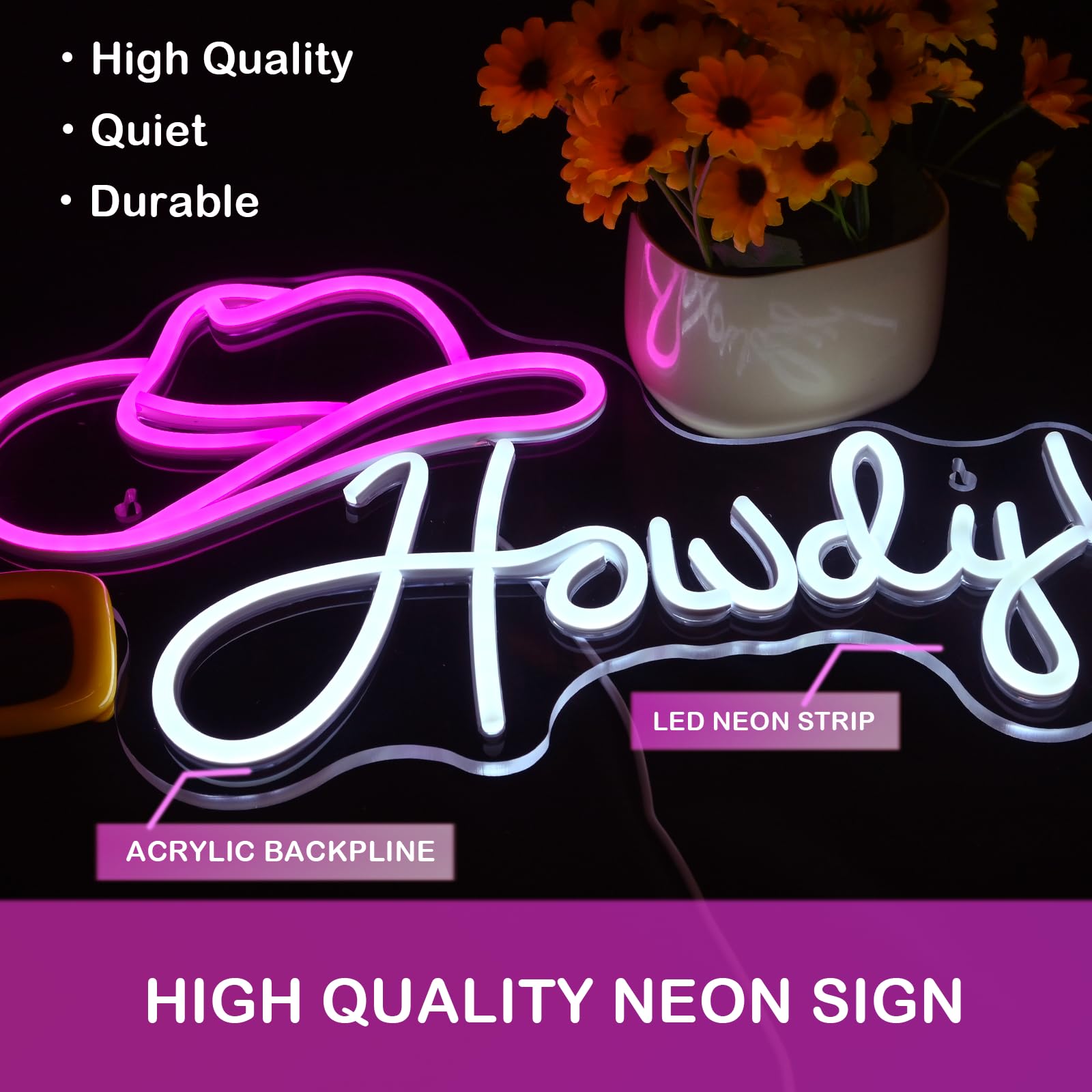 Ineonlife Cowboy Hat Neon Sign Howdy Neon Lights Pink Led Neon Signs Preppy Girls For Wall Decor Light Up Sign For Bar malt-inspired Bedroom Living Room Beauty Girls Club Decoration Gifts
