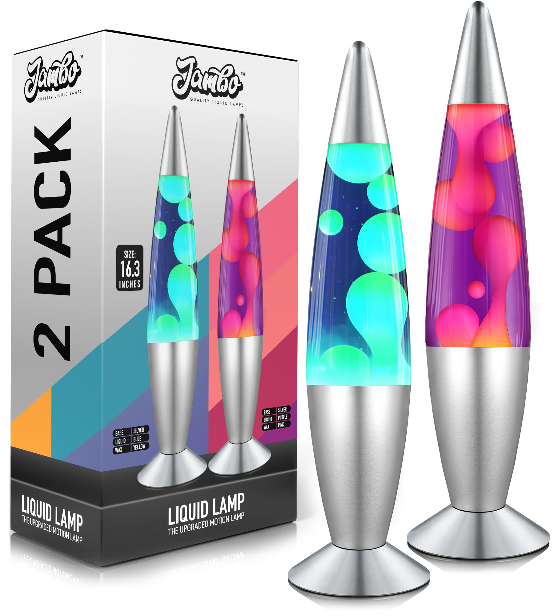 Jambo Liquid Motion Lamp - 16in Double Pack, Glass, Silver Base, Blue & Yellow Wax, Purple & Pink Wax