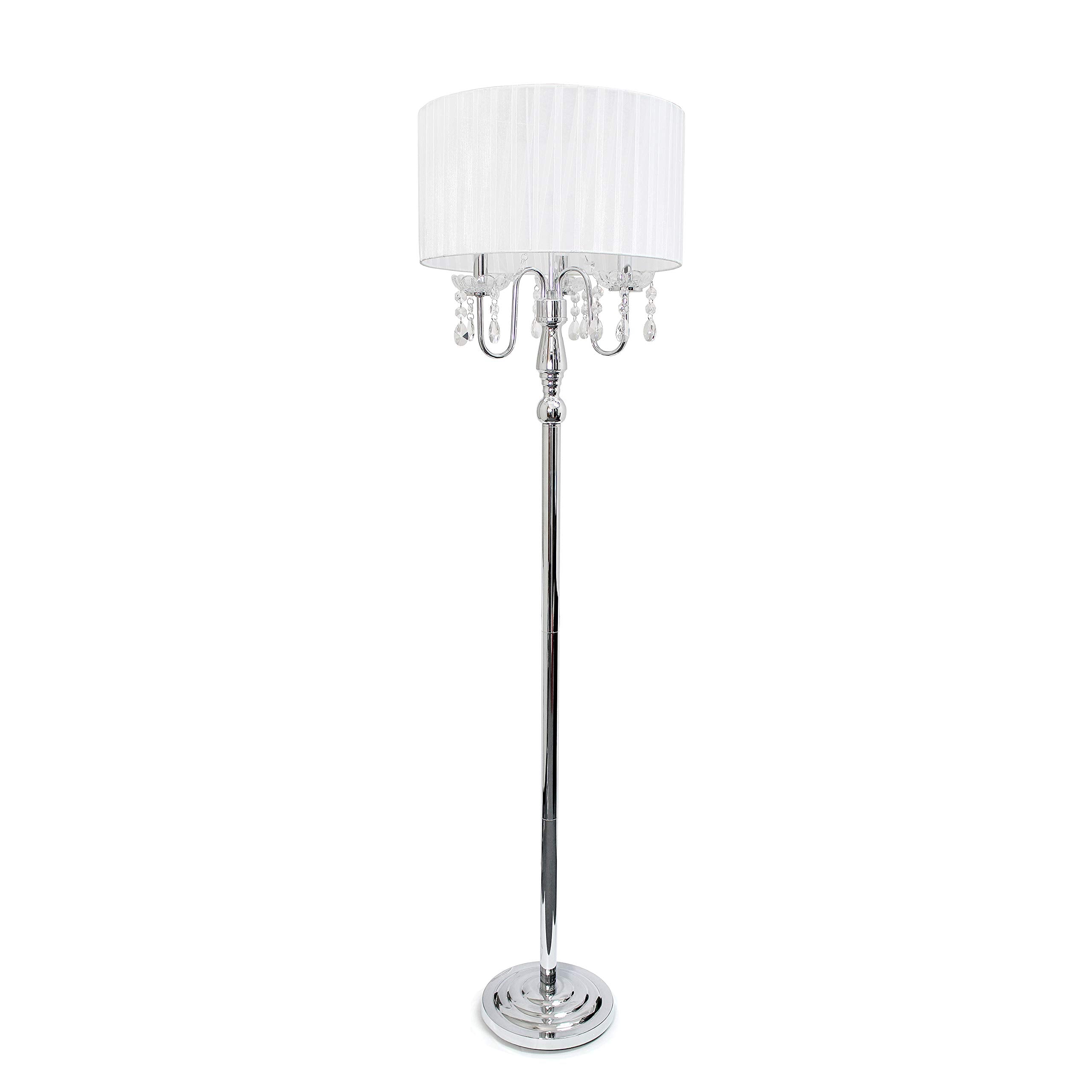 Elegant Designs Lf1002-Wht Romantic Cascading Hanging Crystals Sheer Drum Shade Chrome Floor Lamp, White