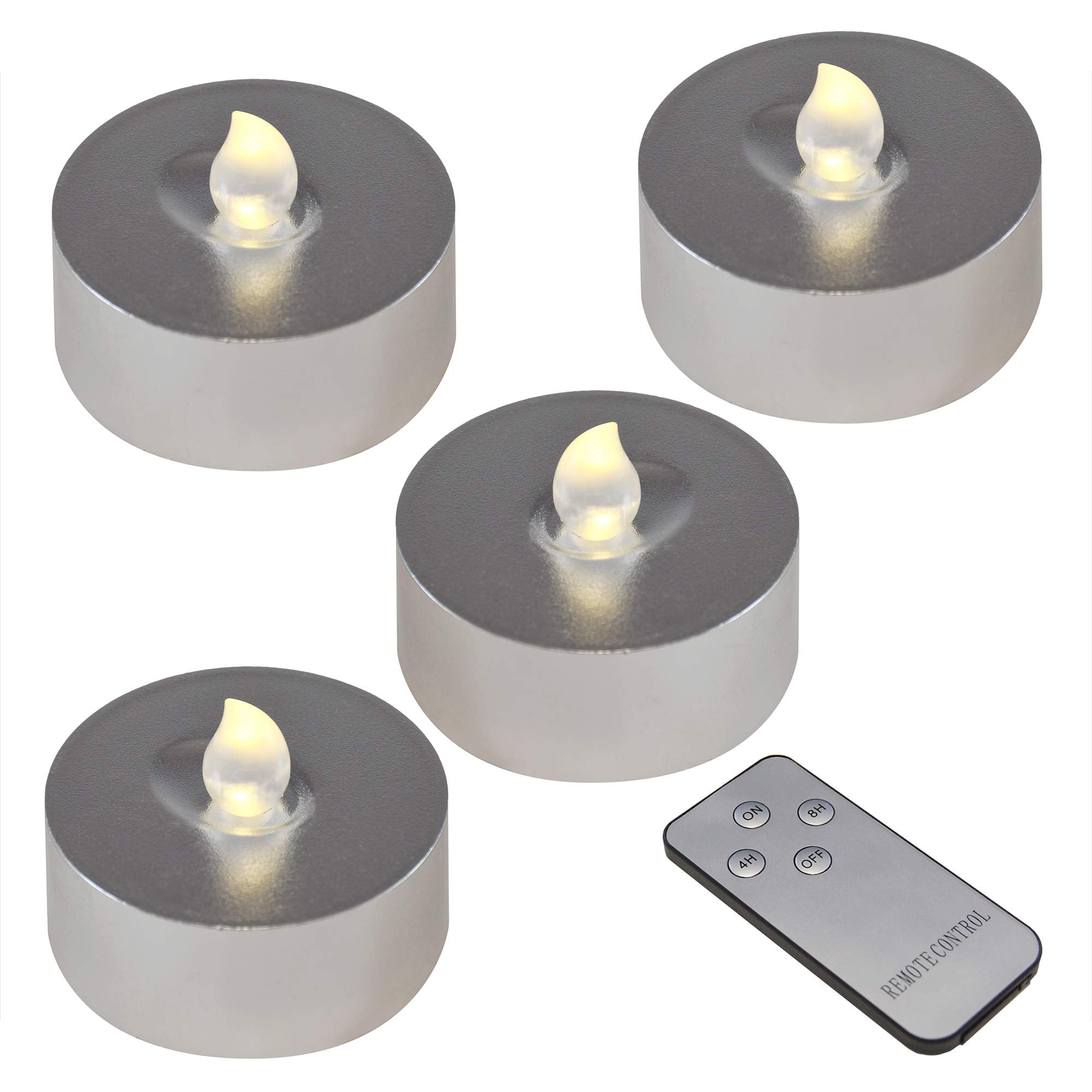 Lumabase Extra Large Battery Operated Tea Lights Set of 4 with Remote Control, Silver, Model 84104, Plastic, One Size