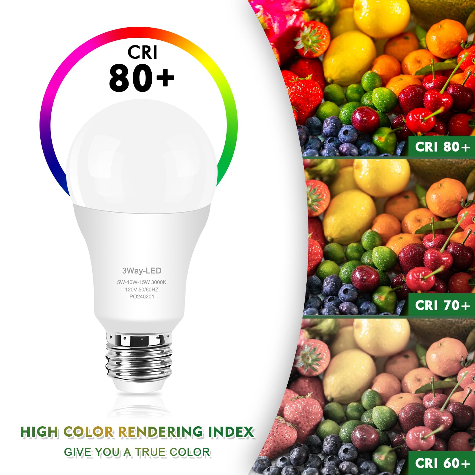 Zorykn 3 Way LED Light Bulbs 50/100/150W, 3000K Warm White, E26 Base, 500/1000/1500 Lumens, Energy