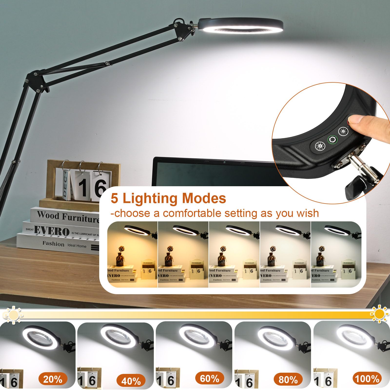 Veemagni 5 Magnifying Glass With Light, 8X Magnifier, Black, Led Clamp Desk Lamp, 5 Color Modes, 2*16 Swivel Arm, Model