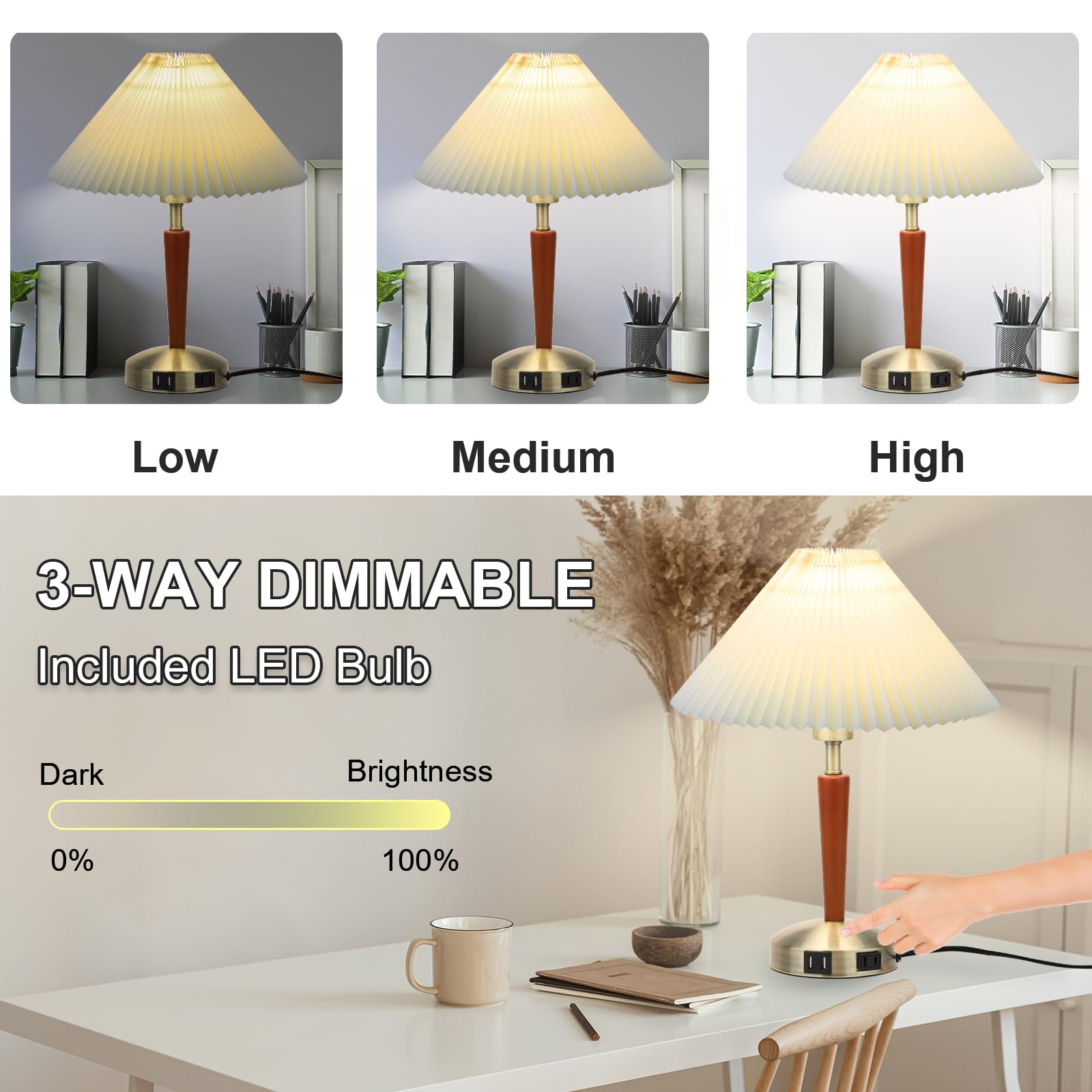 LALISU Touch Bedside Table Lamp - Modern 3-Way Dimmable LED Lamp, Brown Fabric Shade, Ideal for Bedroom and Living Room, Model LALISUTAB881