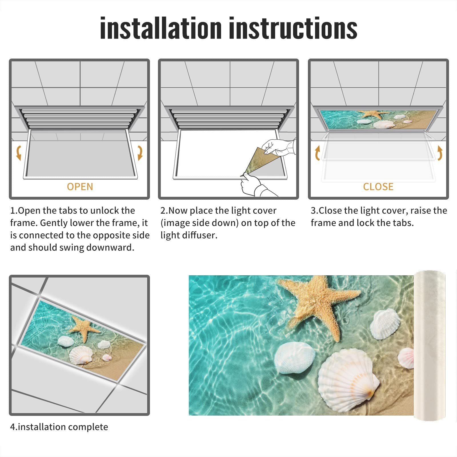 Msinmkok 2Ft X 4Ft Fluorescent Light Covers Sea Water Beach Starfish Shell Conch Light Filters-Easy Setup For Office,Hospitals,H