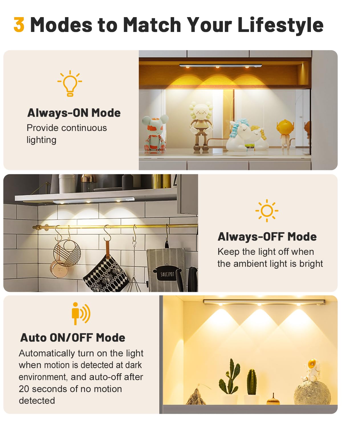 Pak Under Cabinet Lights, Rechargeable Motion Sensor, Wireless, 3 Color Dimmable, Cat'S Eye Hill Effect For Display Cabinets & W