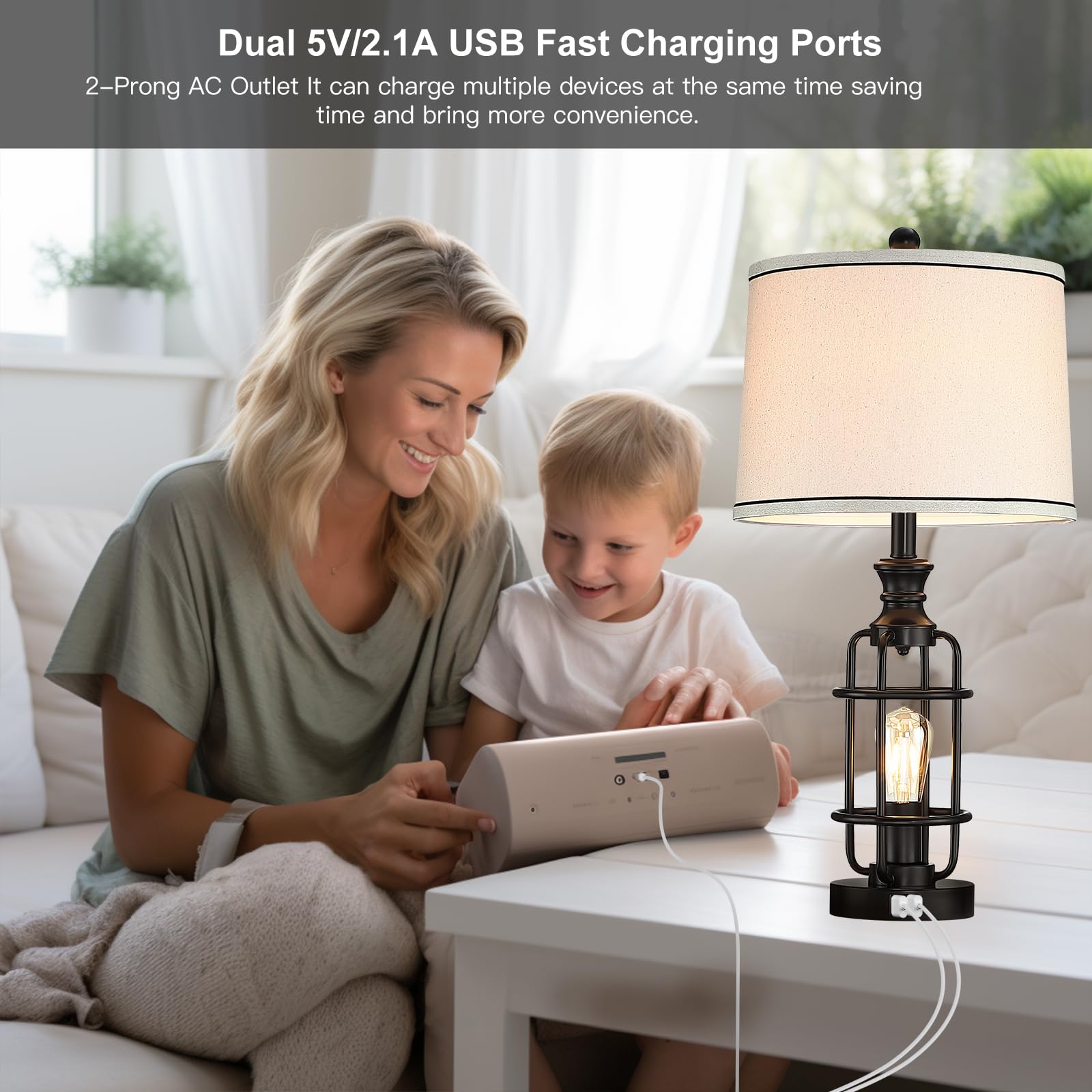 Altgedecor 26.3   Table Lamps Set Of 2 With Usb Charging Ports,Farmhouse Bedside Nightstand Lamp With Rotary Switch,Rustic Readi