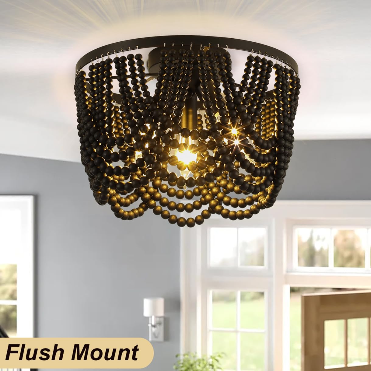 Black 12.6 Inch Boho Chandelier,Wood Beaded Chandelier Light Fixture, Bohemia Draped Bead Chandelier Flush Mount/Semi Flush Moun