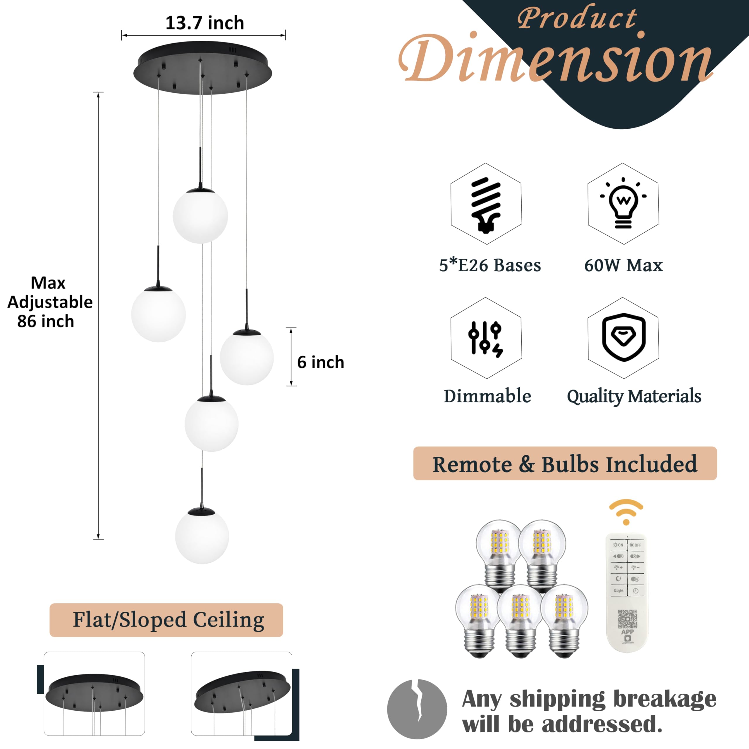 Koko&Yukina 5-Light Globe Glass Pendant Light Adjustable Length Pendant Lights Fixtures Modern Black Chandelier With Milky White