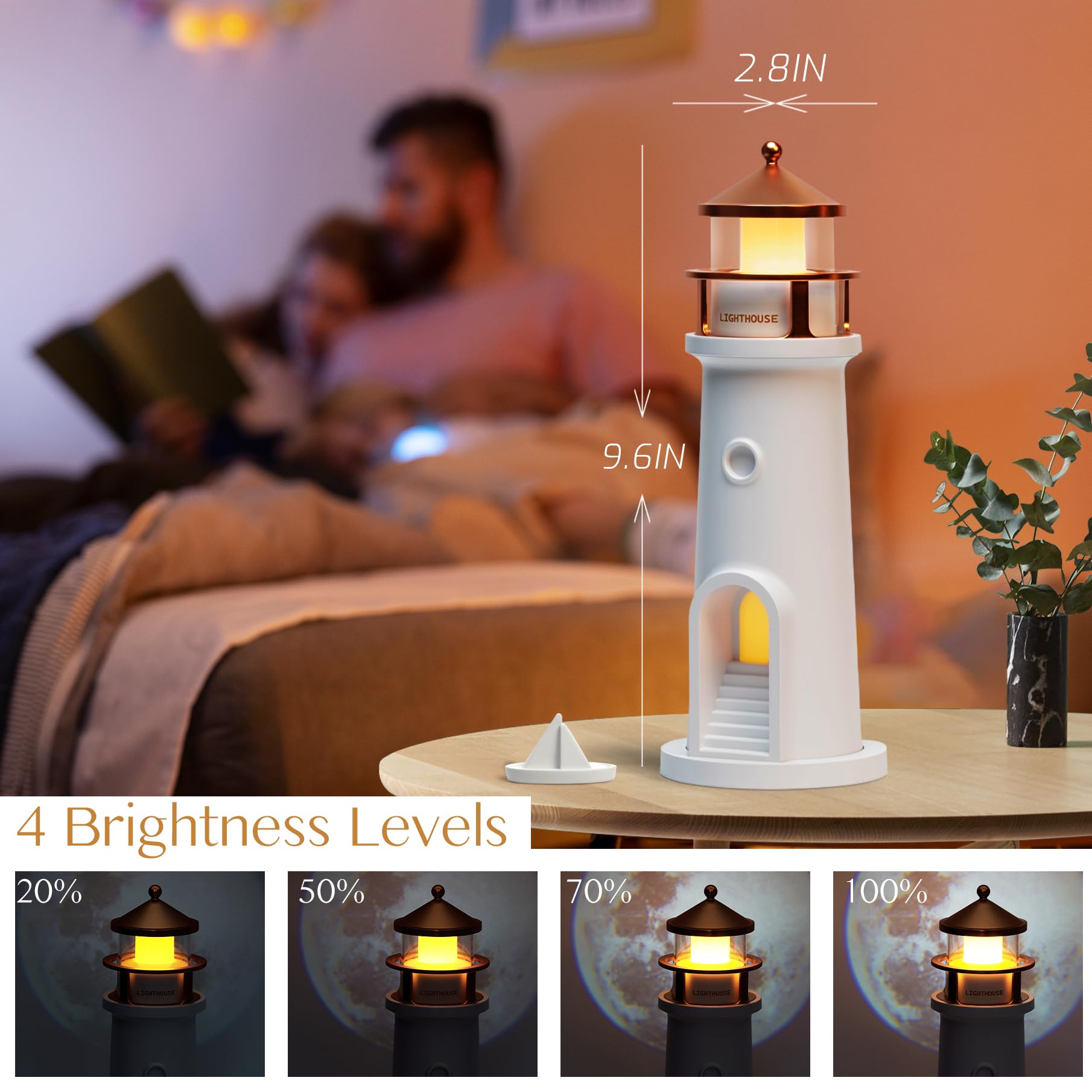 AEMYNOUZ Wireless Moon Lamp Projector Night Light, Remote Control, Dimmable, LED Table Lamp, White & Gold, Model LN-03