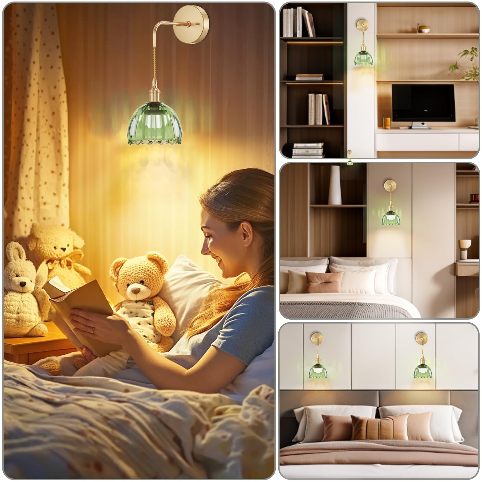 Kavedod Battery Operated Wall Sconces Cct Dimmable Wireless Sconces Set Of 2, Vintage Light Fixture With Green Tulip Glass Lamps